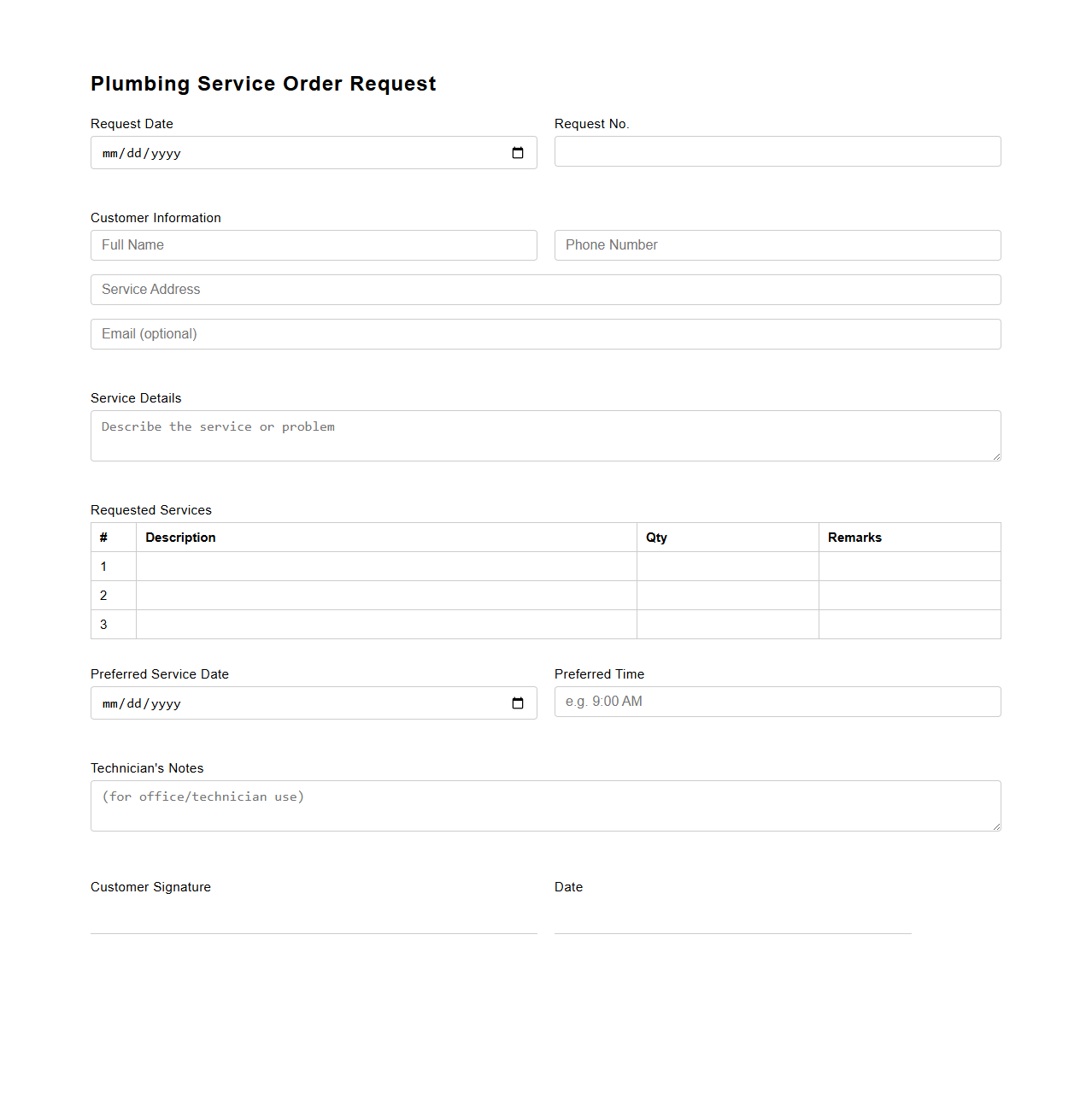 Blank Plumbing Service Order Request Template