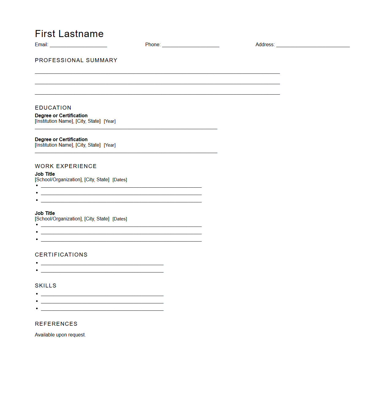 Blank Preschool Teacher Resume Sample