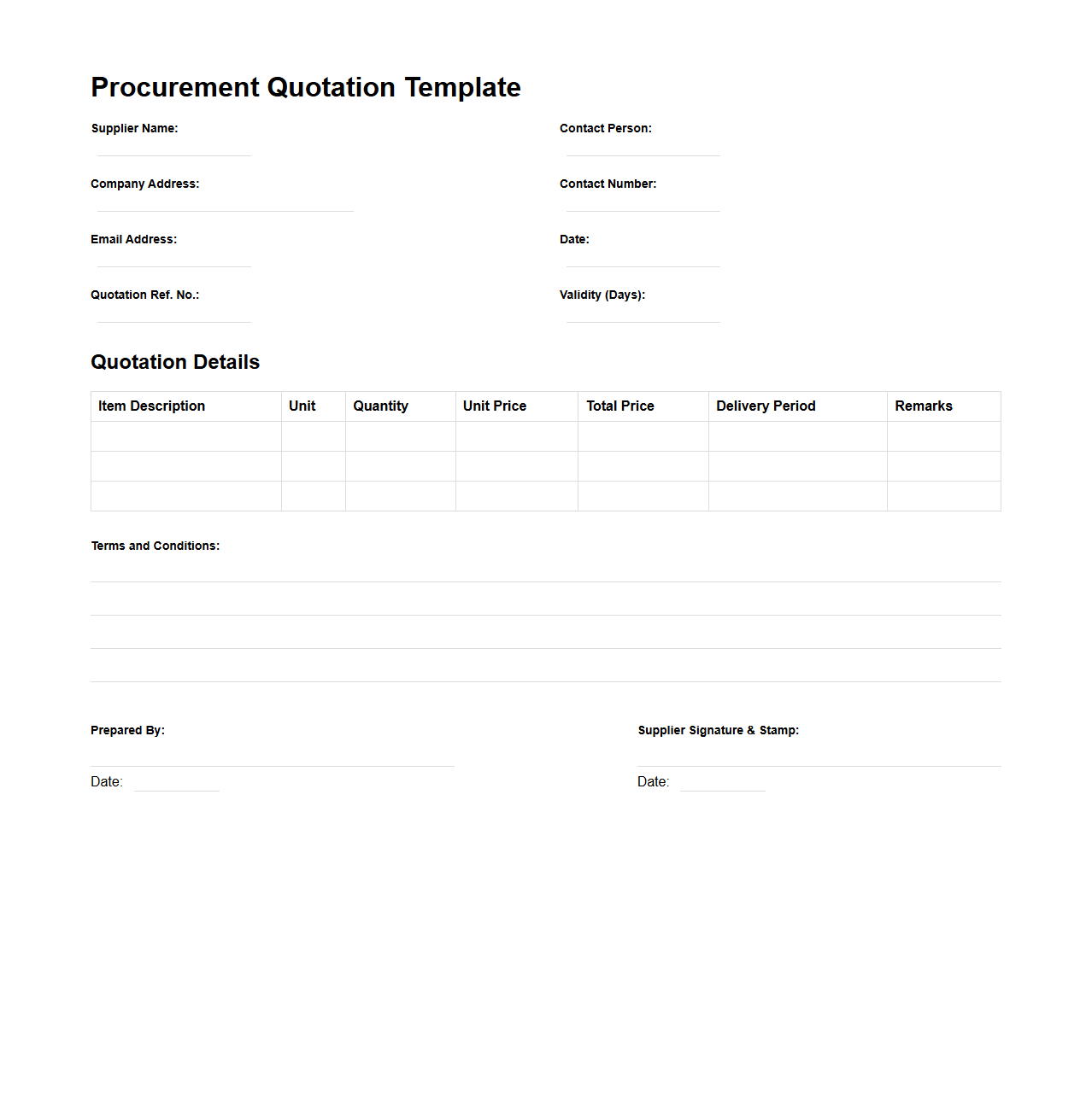 Blank Procurement Quotation Template for Contracts