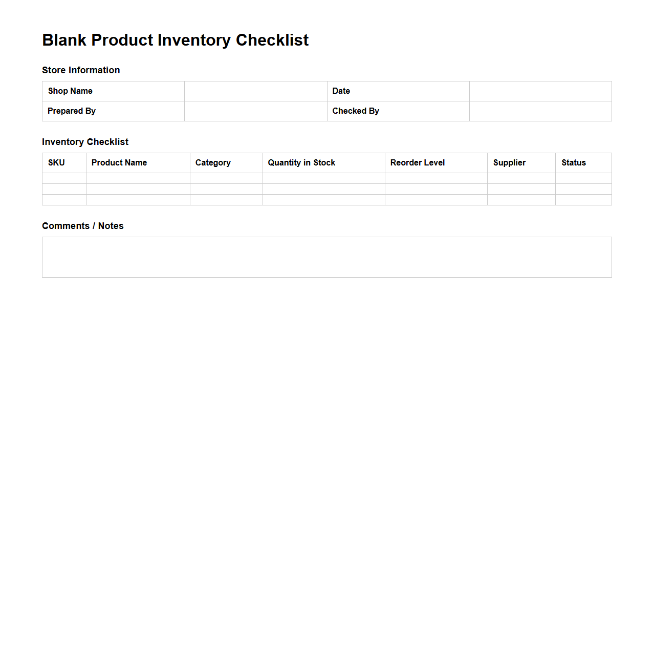Blank Product Inventory Checklist Template for E-commerce Shops