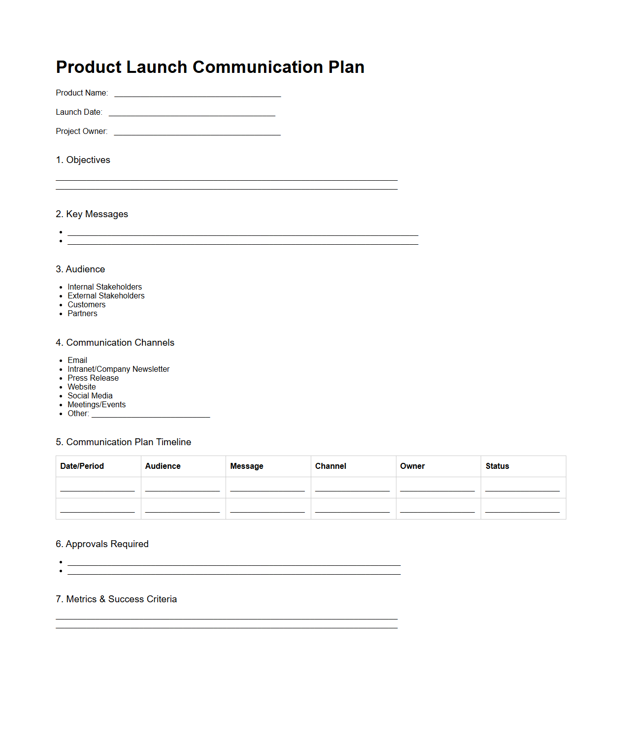Blank Product Launch Communication Plan Template