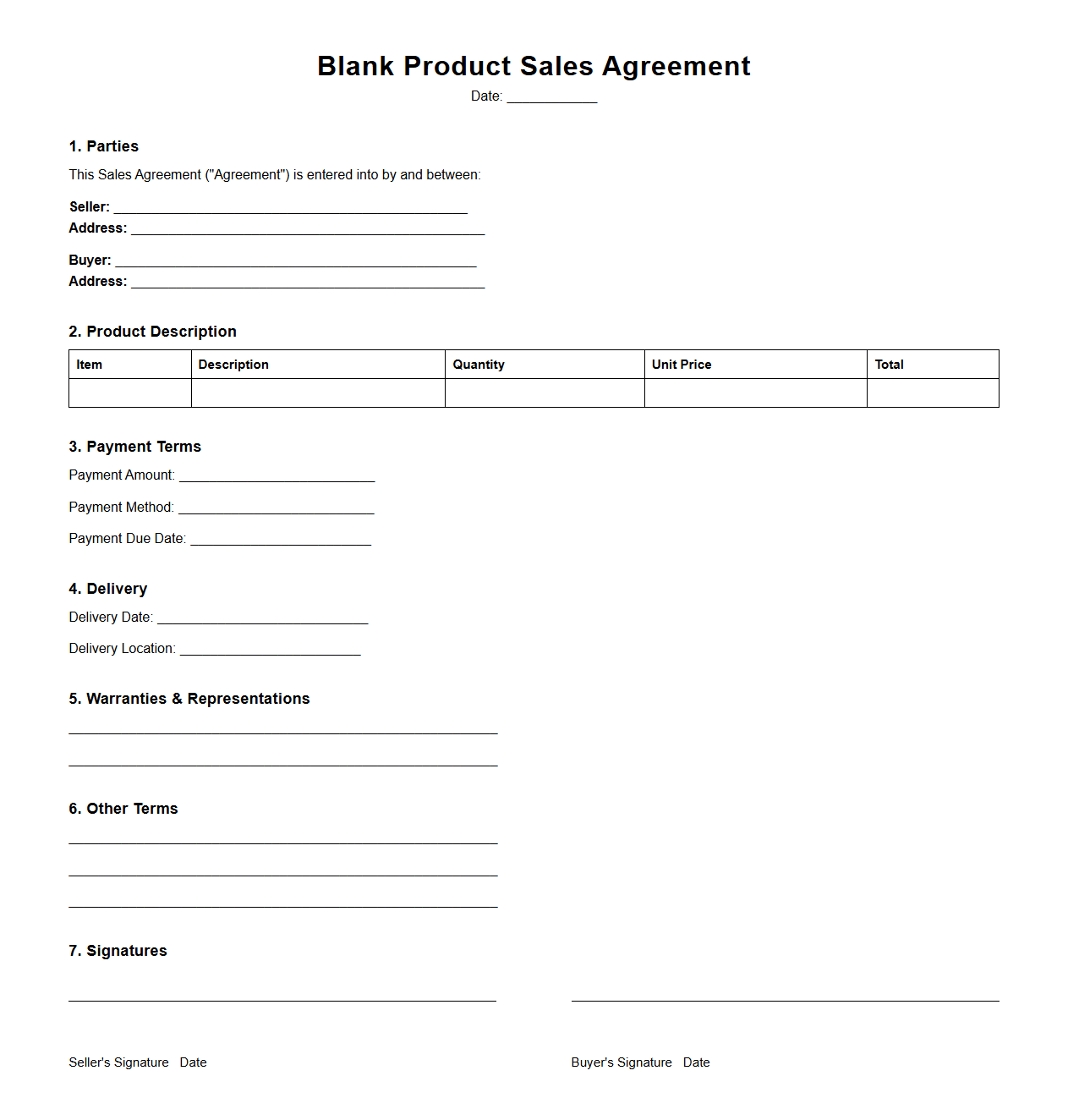 Blank Product Sales Agreement Layout