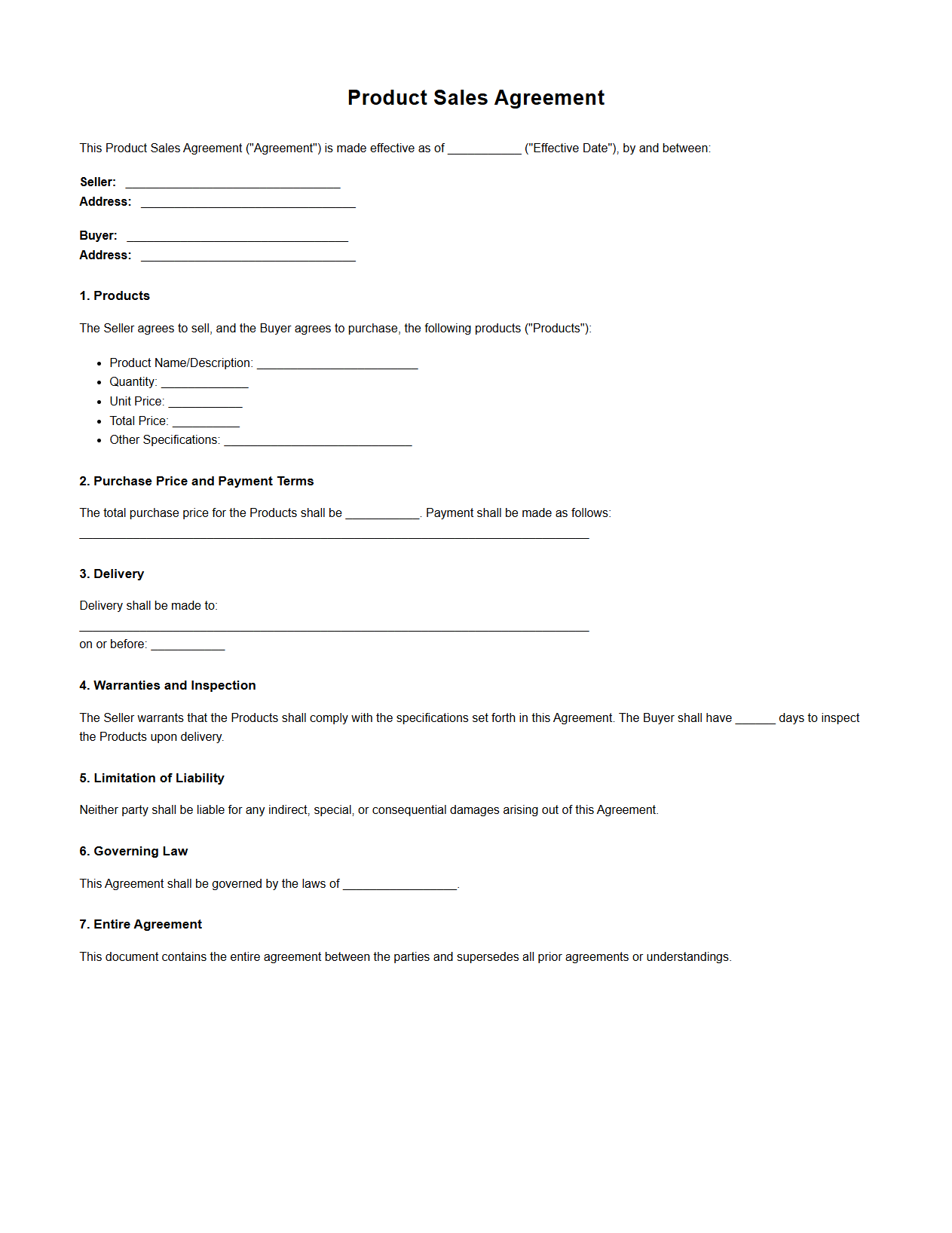 Blank Product Sales Agreement Template
