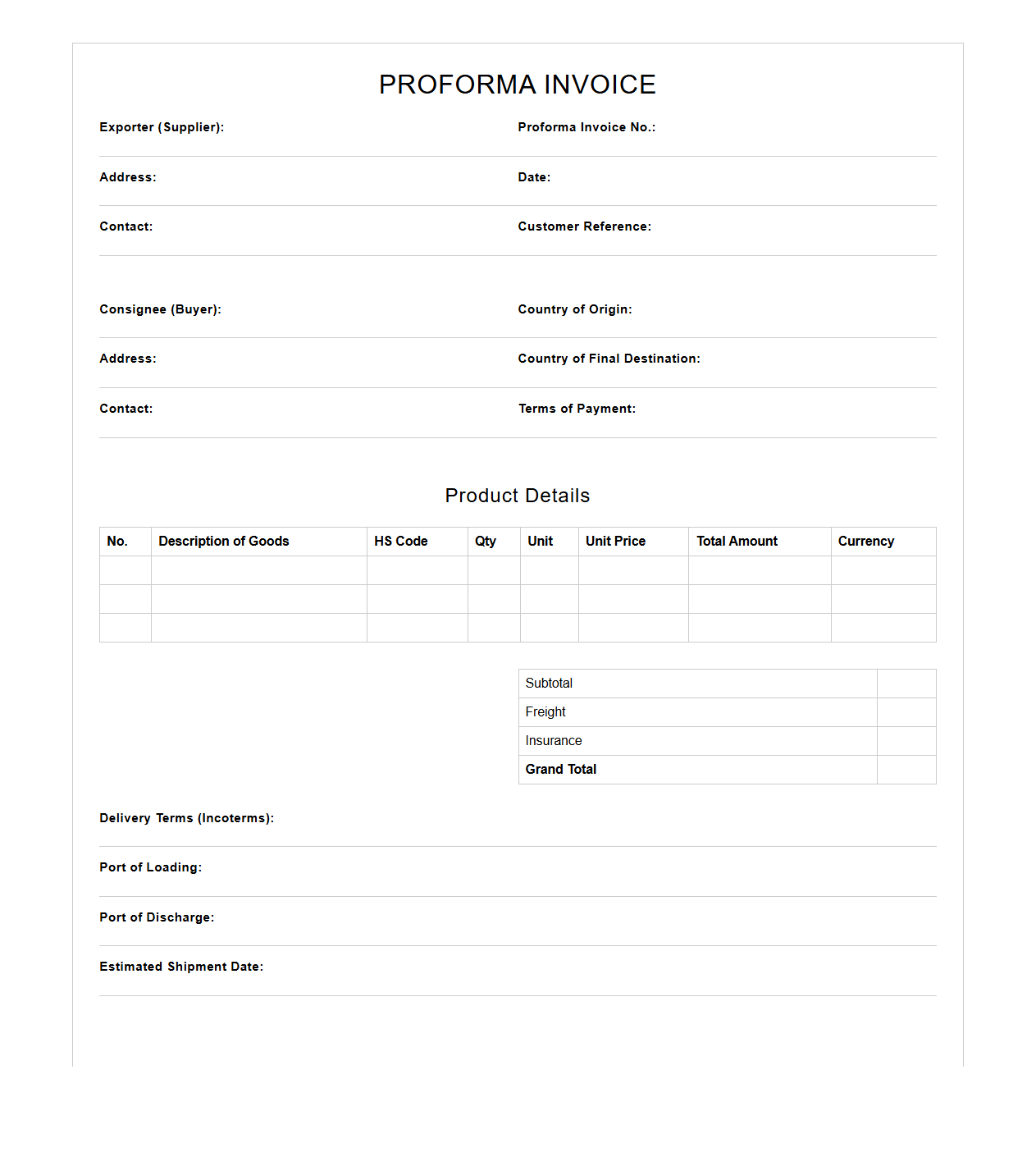 Blank Proforma Invoice Format for Import Export Businesses