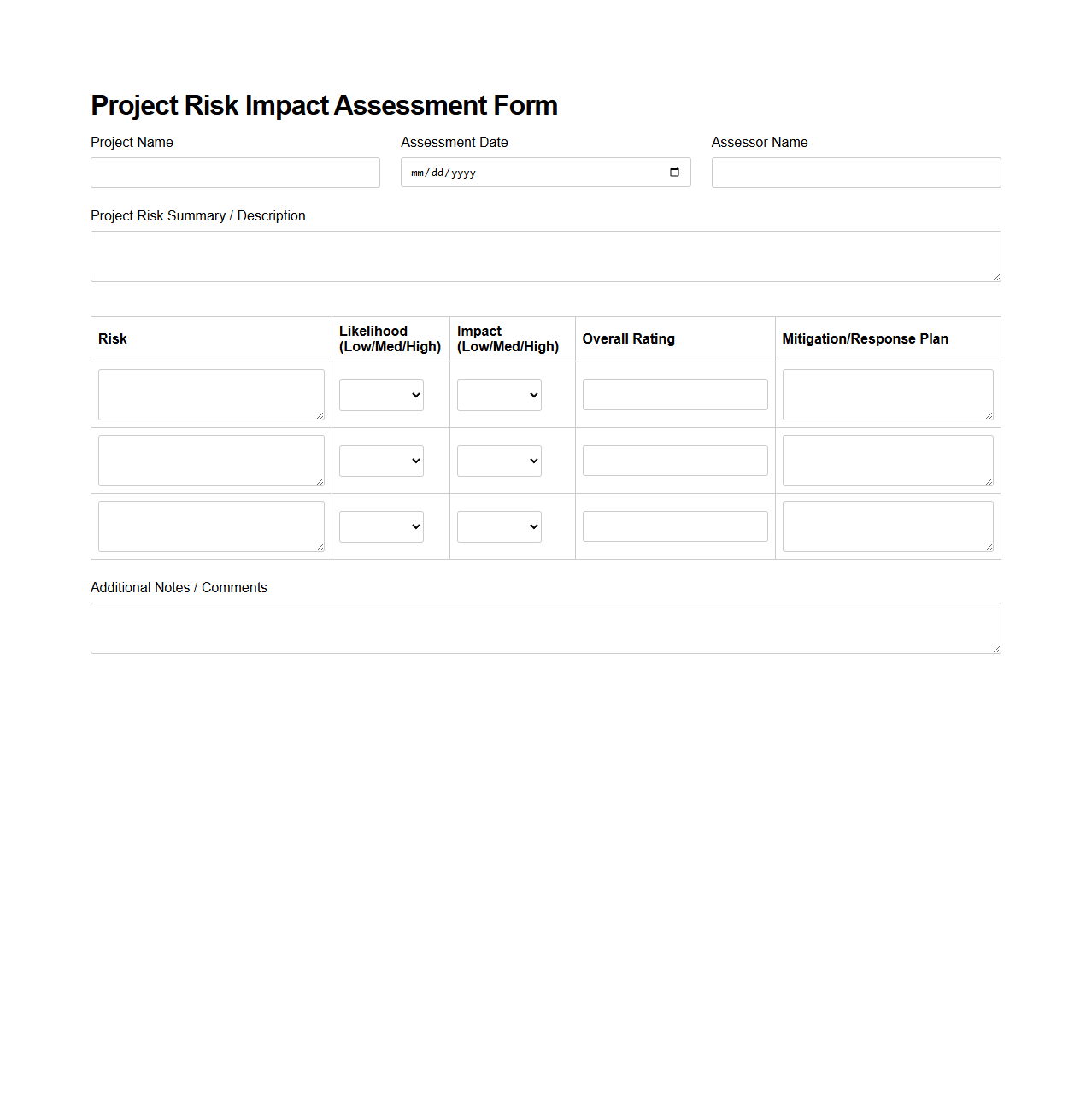 Blank Project Risk Impact Assessment Form
