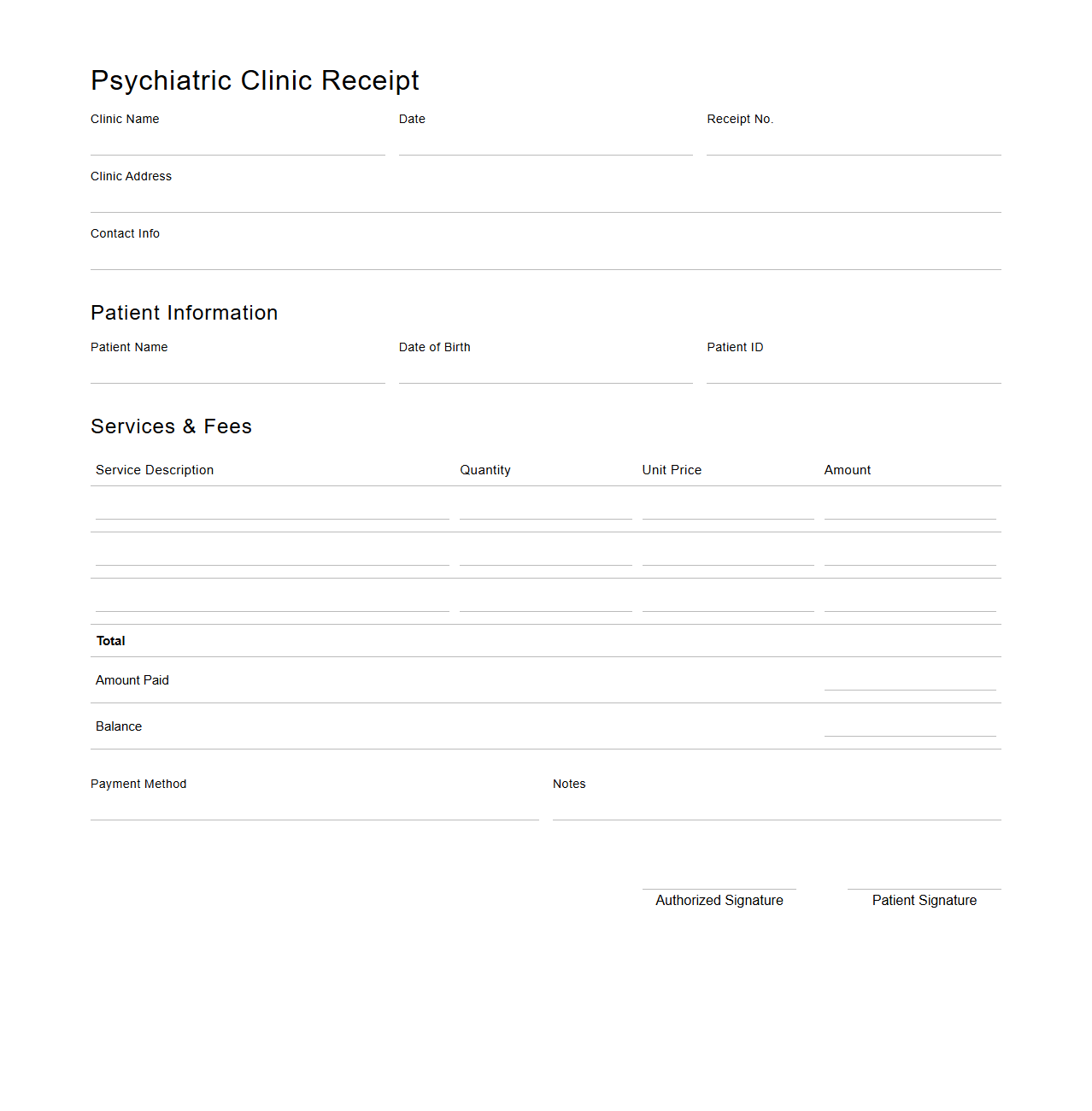 Blank Psychiatric Clinic Receipt Template
