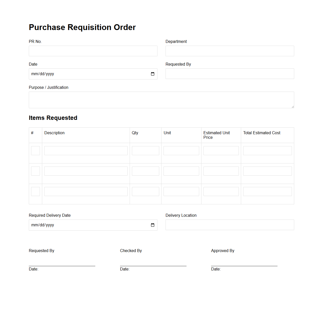 Blank Purchase Requisition Order for Procurement