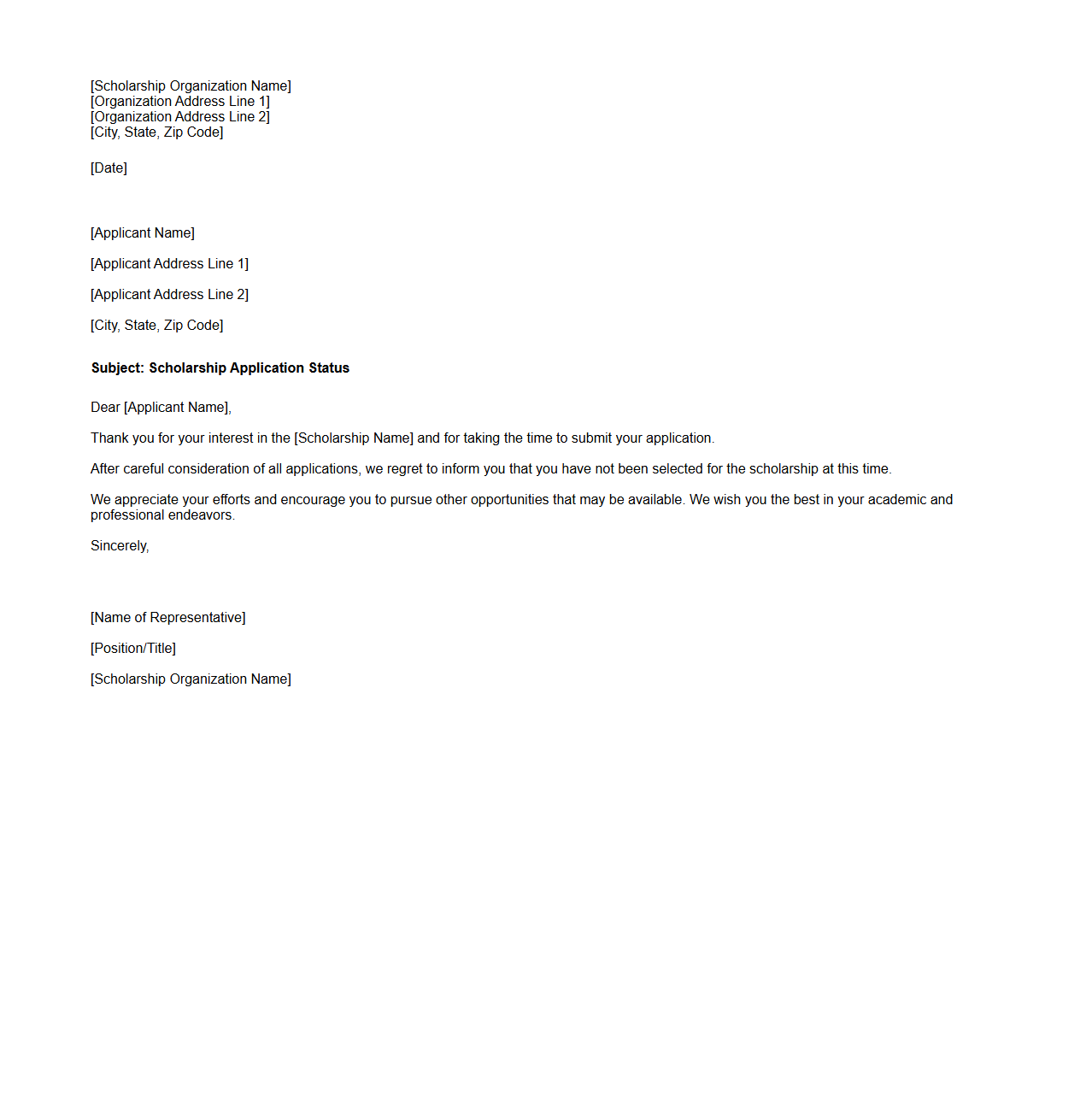 Blank Rejection Letter Template for Scholarship Application Denials
