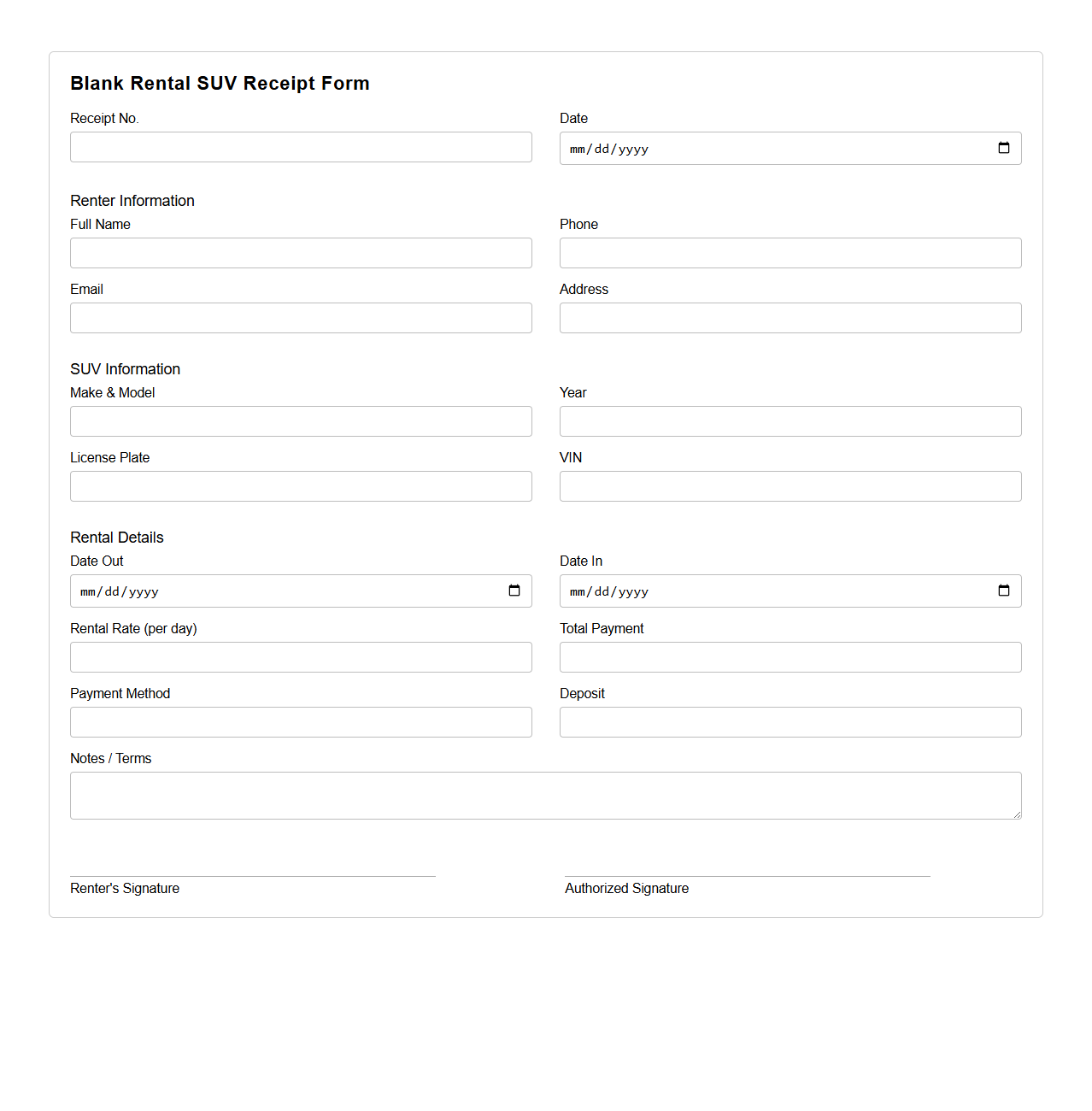 Blank Rental SUV Receipt Form