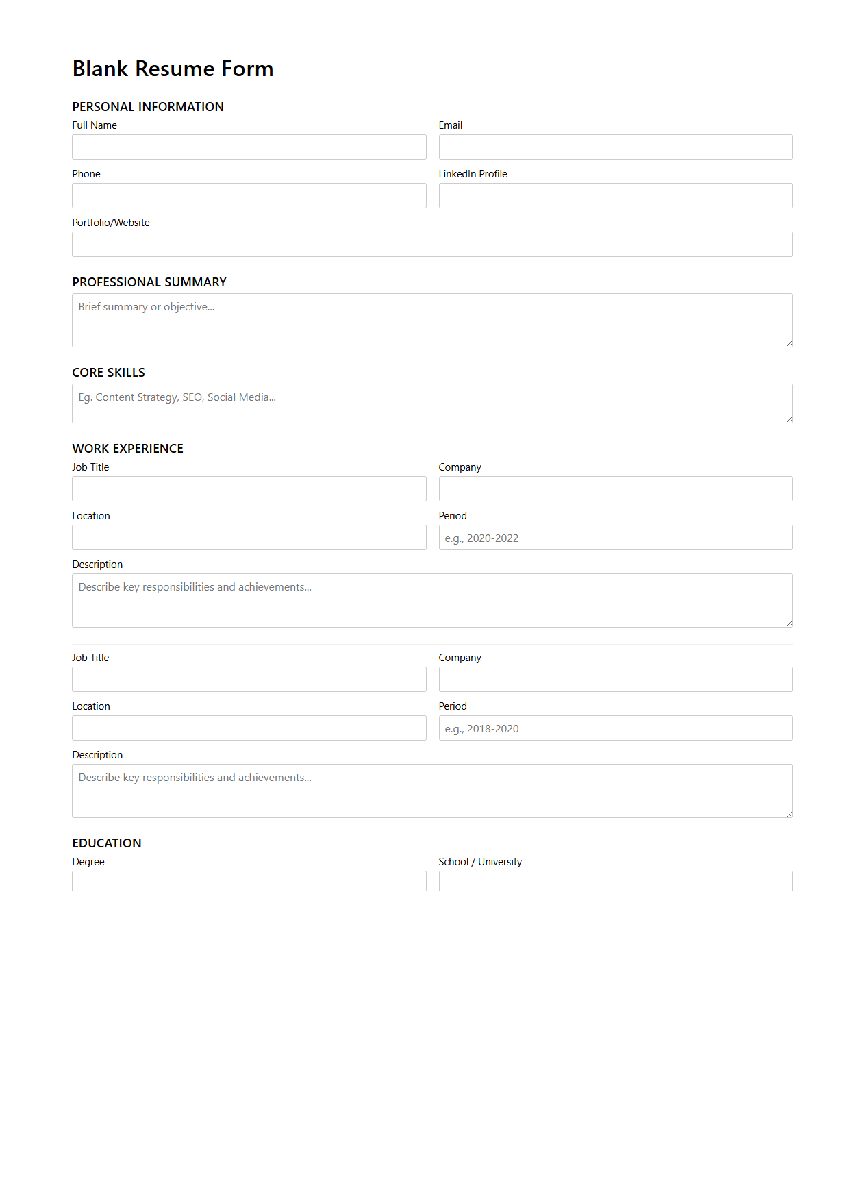 Blank Resume Form for Content Marketing Specialists