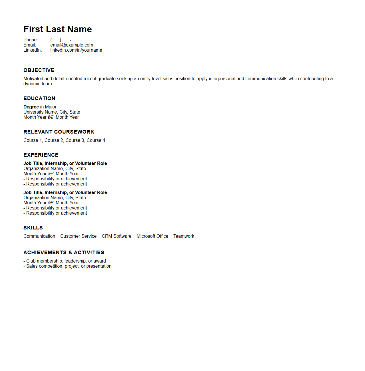 Blank Resume Template for Entry-Level Sales