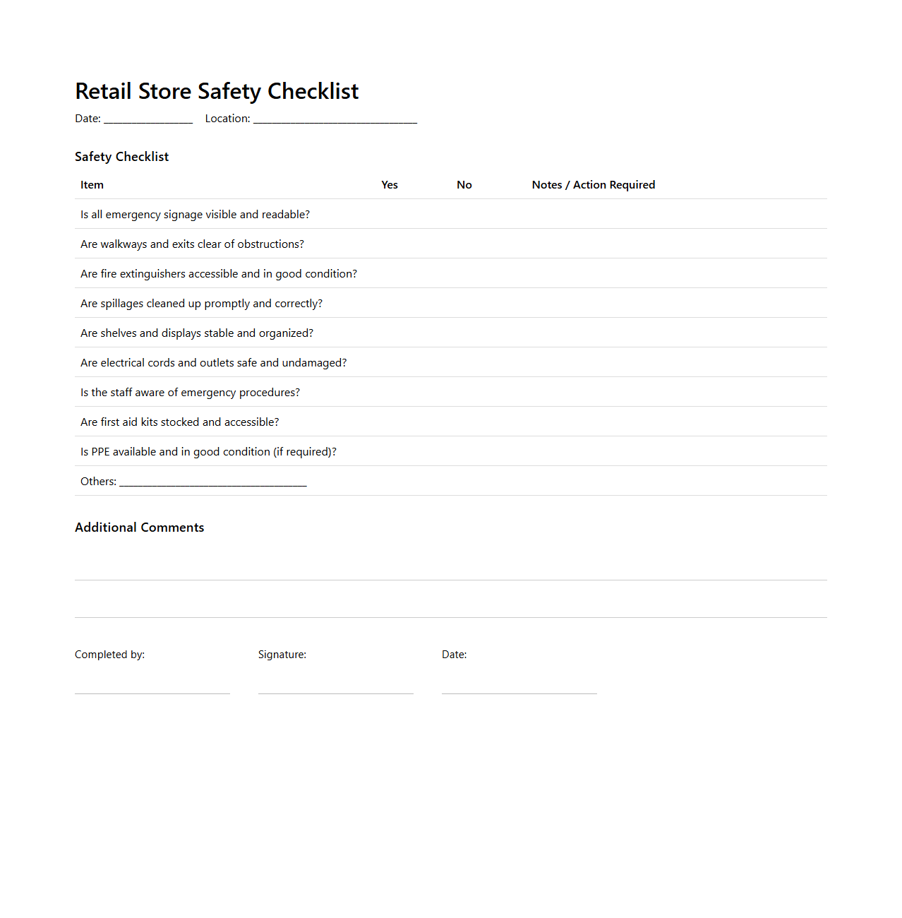 Blank Retail Store Safety Checklist Template