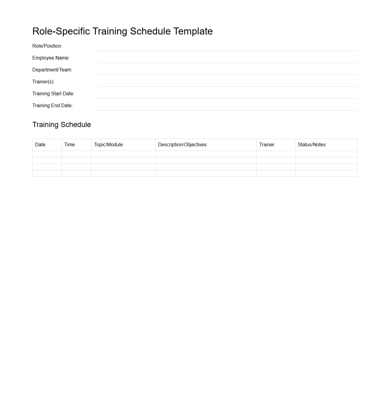 Blank Role-Specific Training Schedule Template