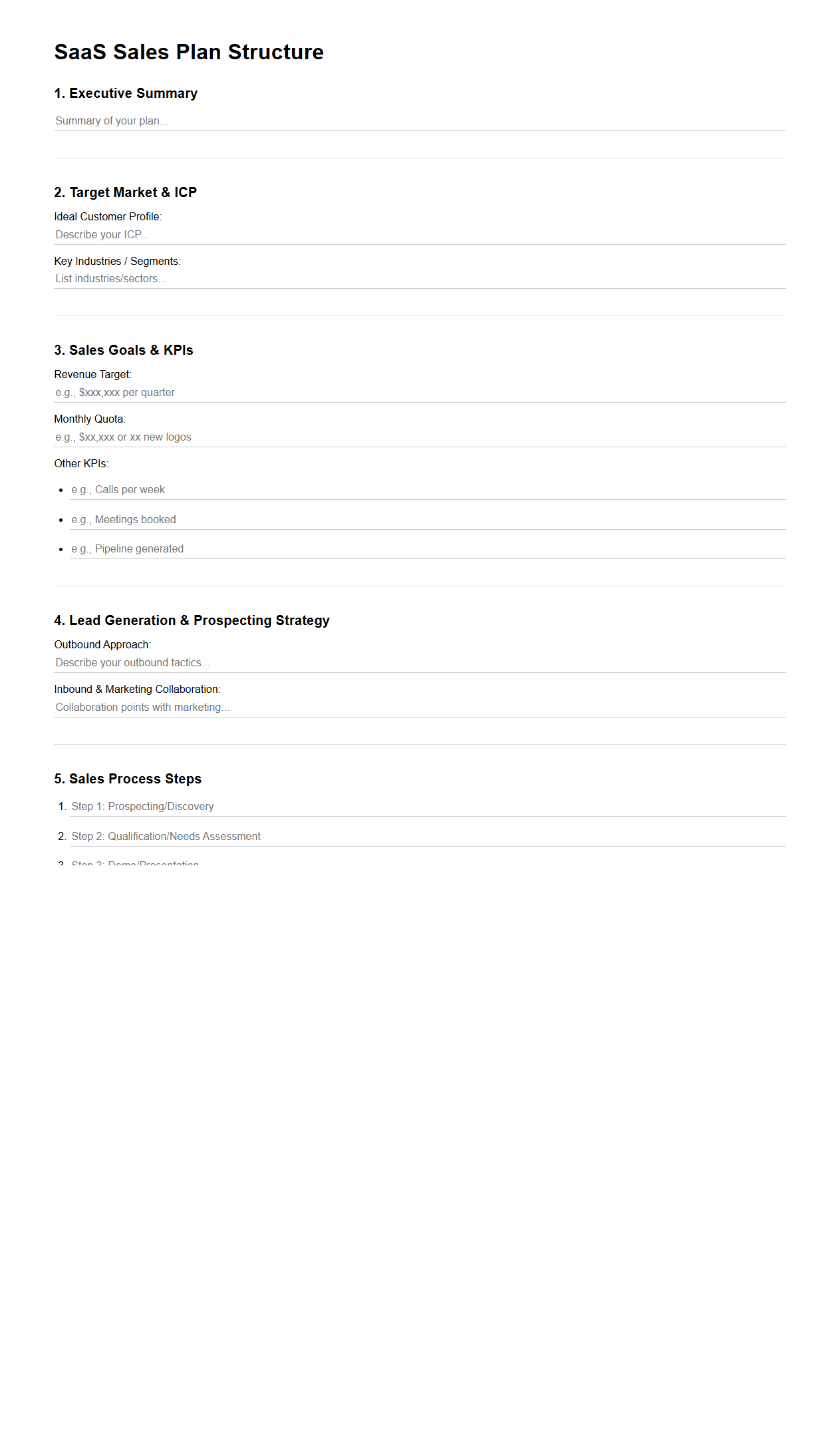 Blank SaaS Sales Plan Structure for Representatives