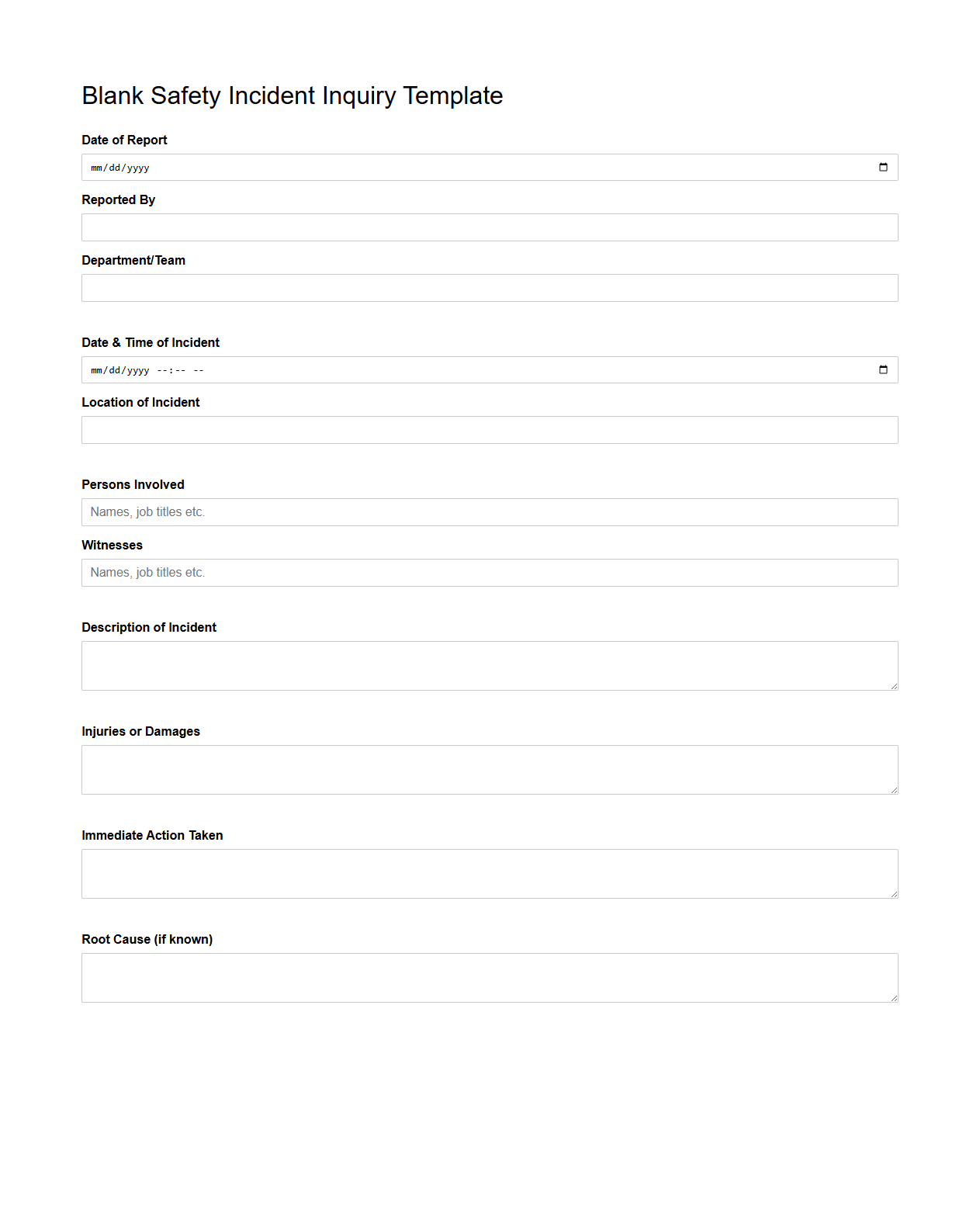 Blank Safety Incident Inquiry Template