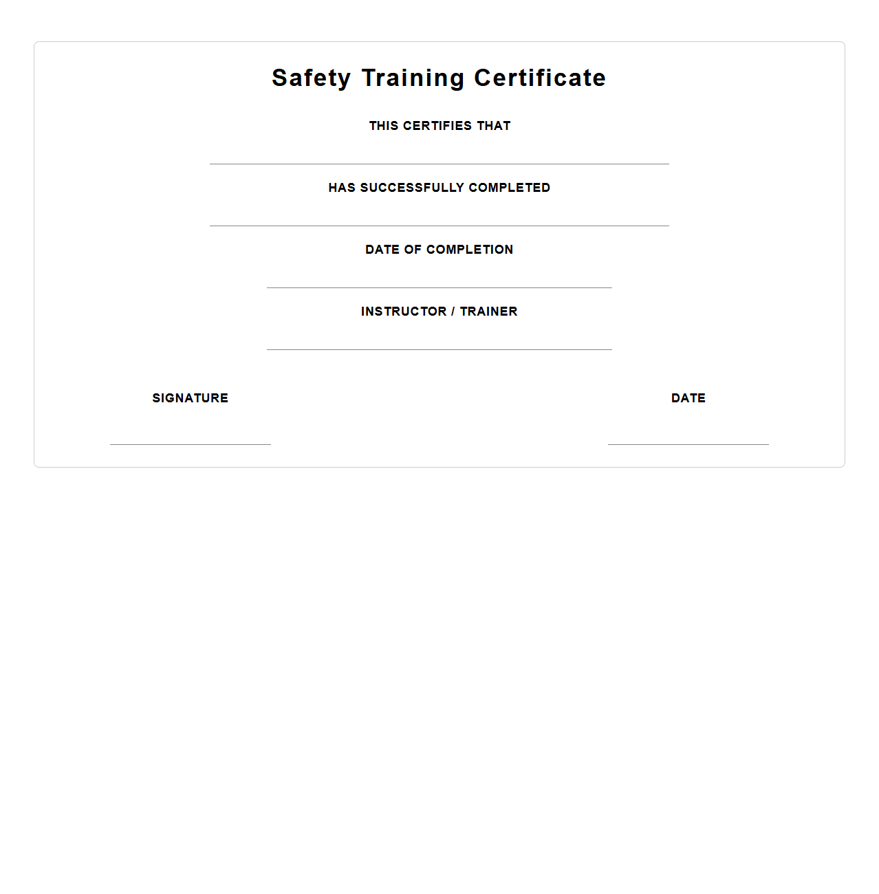 Blank Safety Training Certificate Template