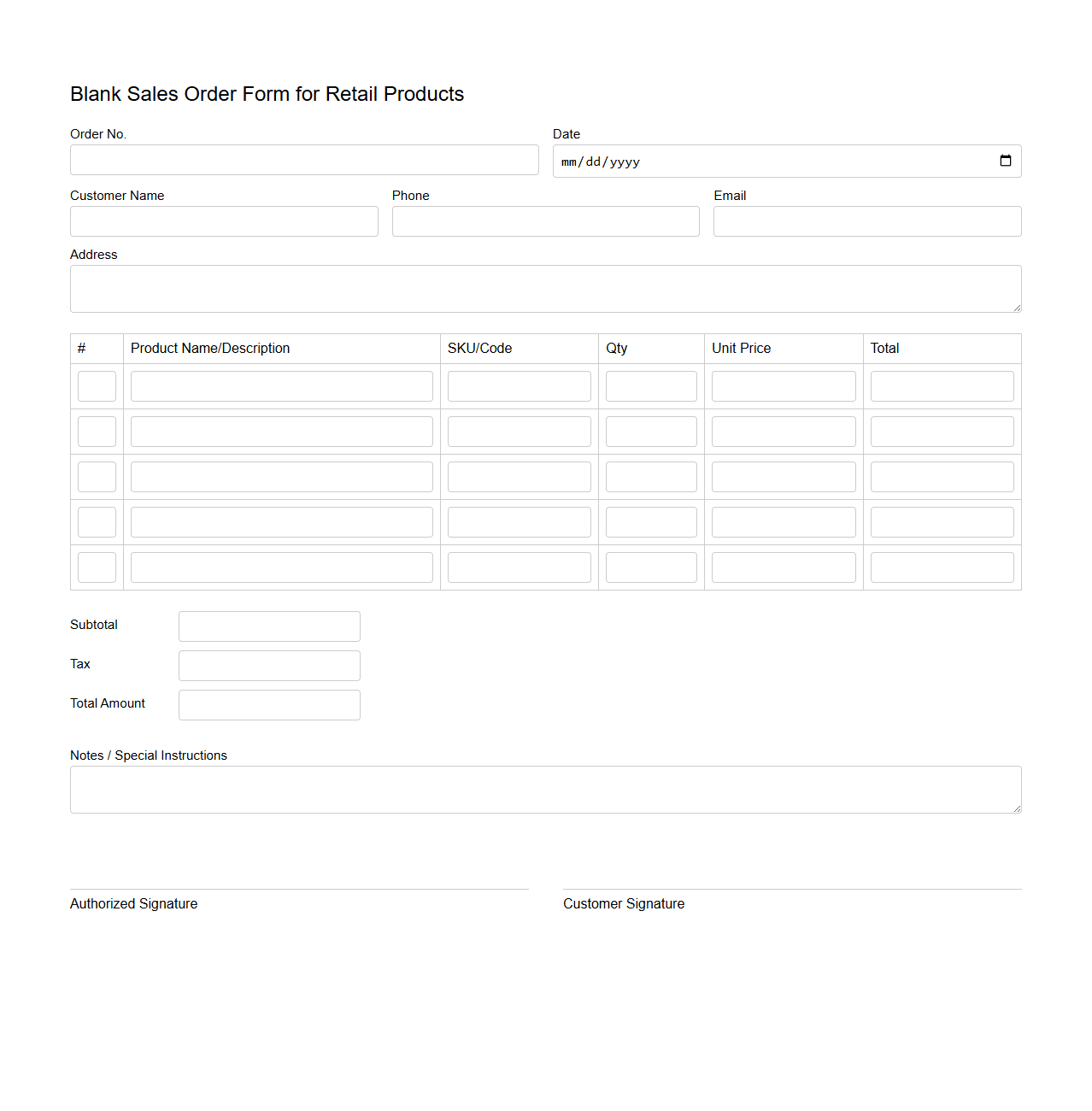 Blank Sales Order Form for Retail Products