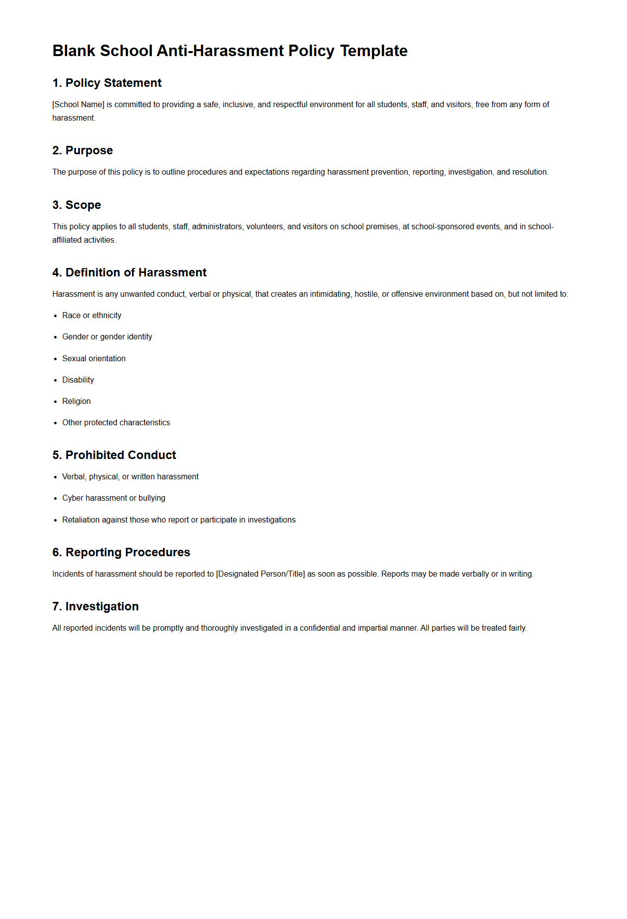 Blank School Anti-Harassment Policy Template