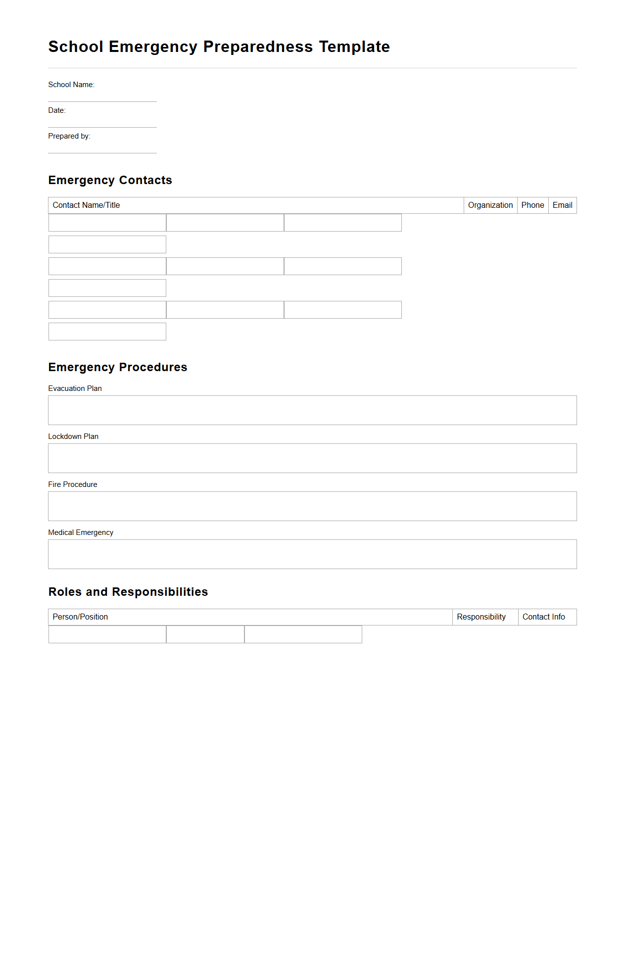 Blank School Emergency Preparedness Template