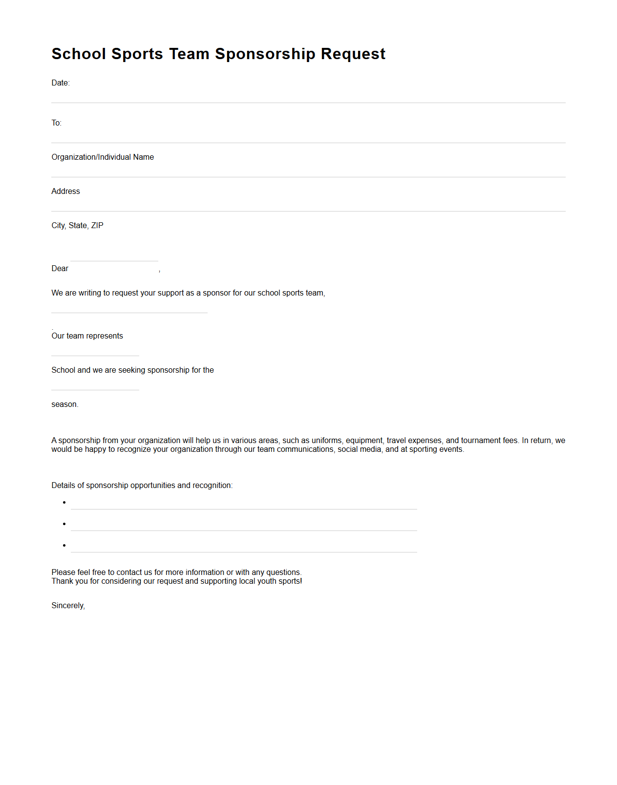 Blank School Sports Team Sponsorship Request