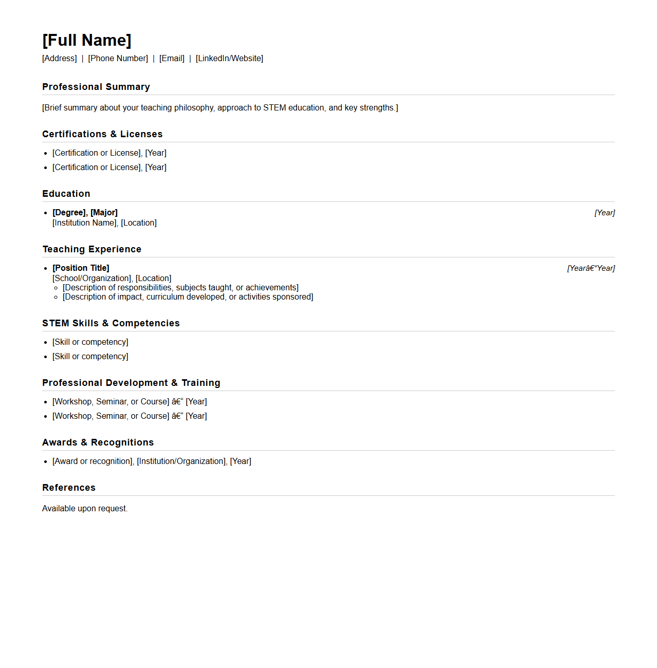 Blank Science Teacher Resume Template for STEM Positions