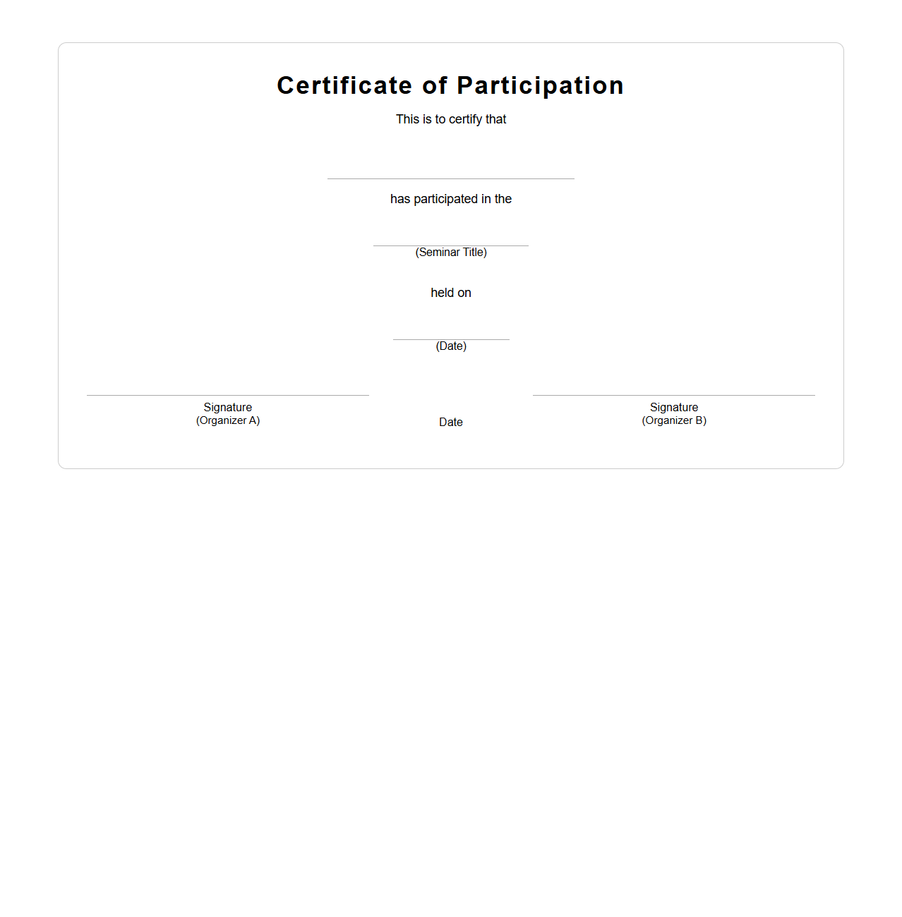 Blank Seminar Participation Certificate Template