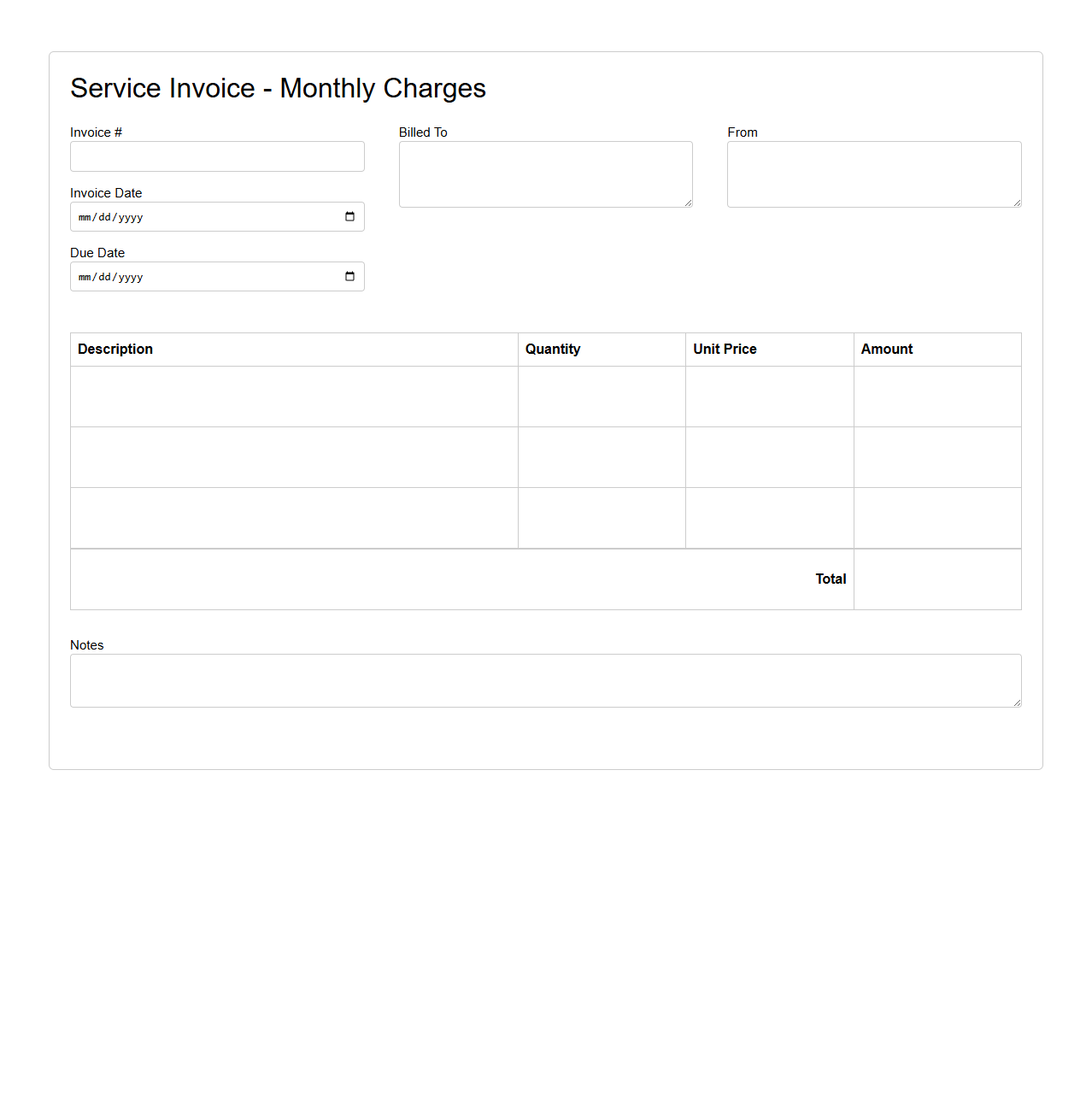 Blank Service Invoice for Monthly Charges