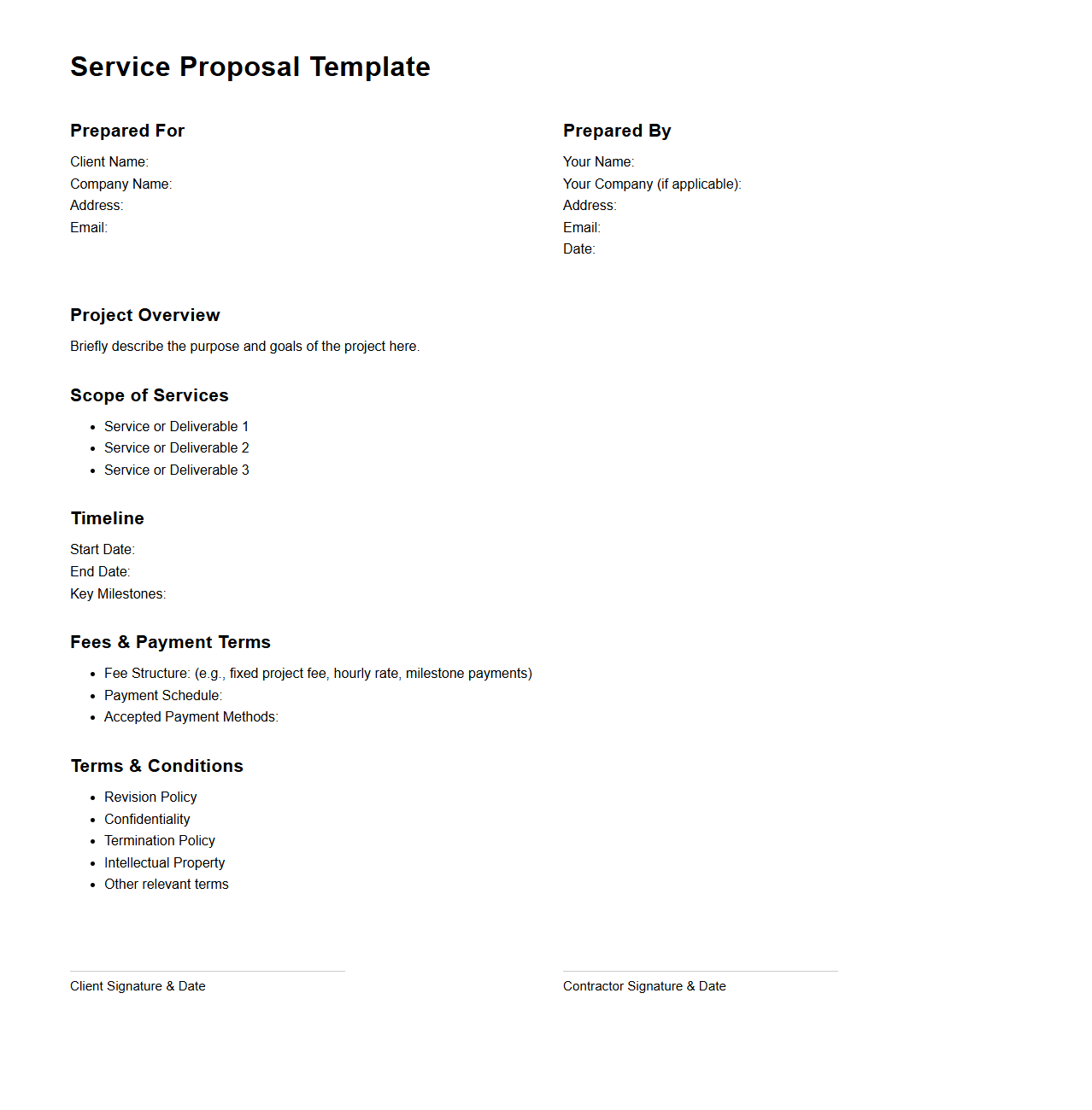Blank Service Proposal Template for Freelance Contractors