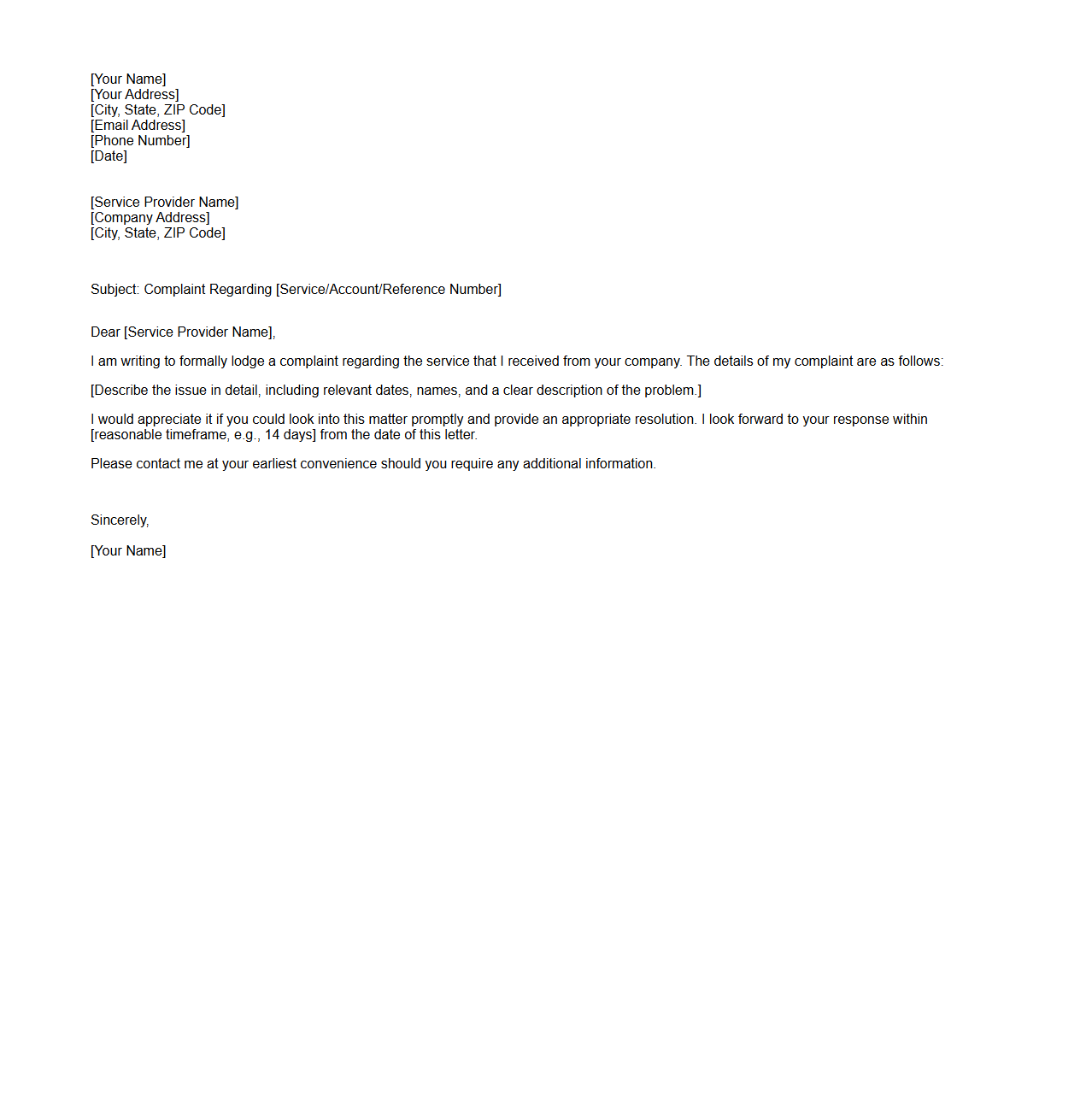 Blank Service Provider Complaint Letter