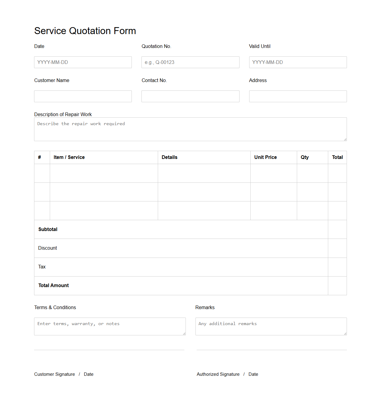 Blank Service Quotation Form for Repair Work