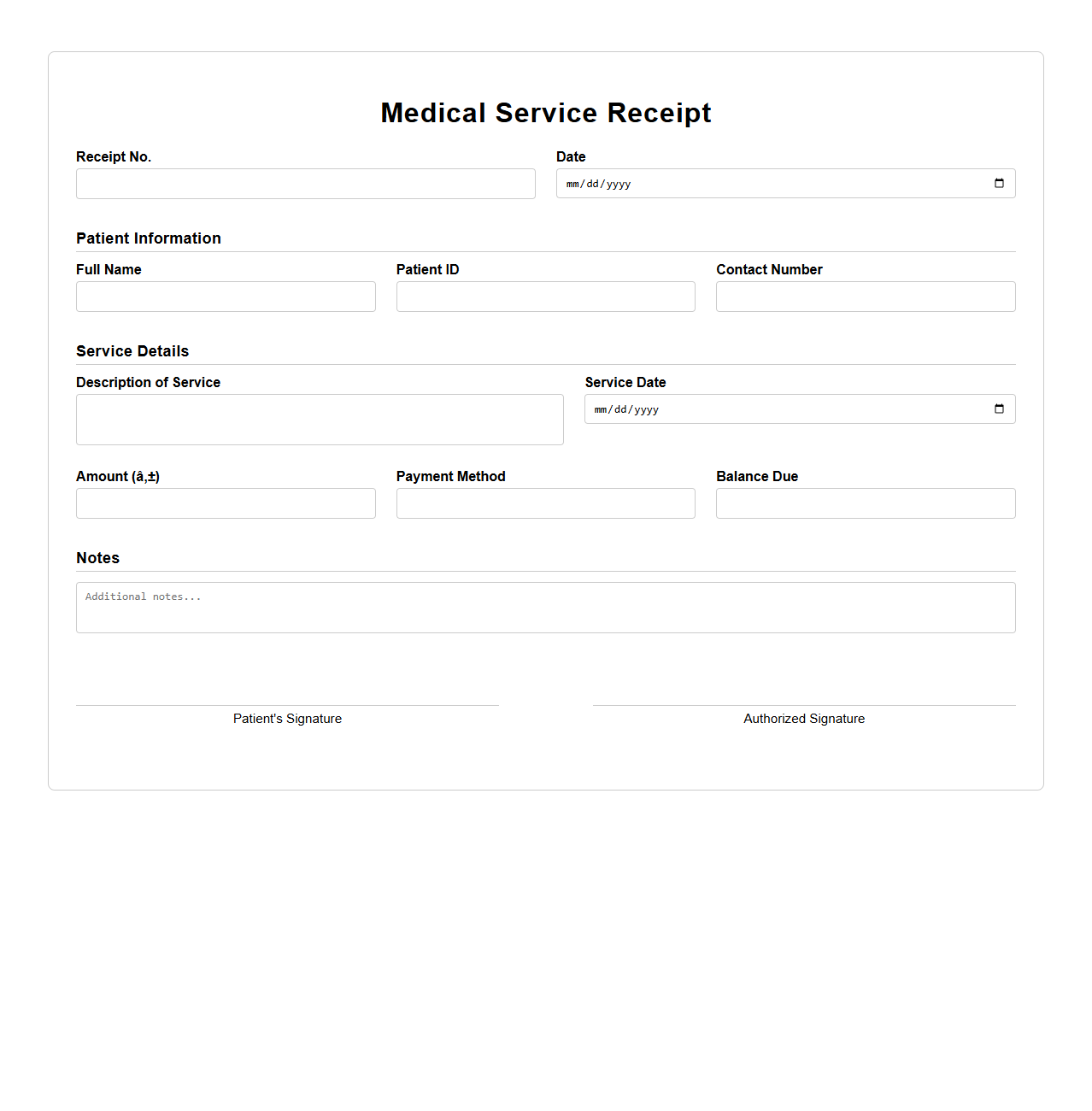 Blank Service Receipt Template for Medical Services