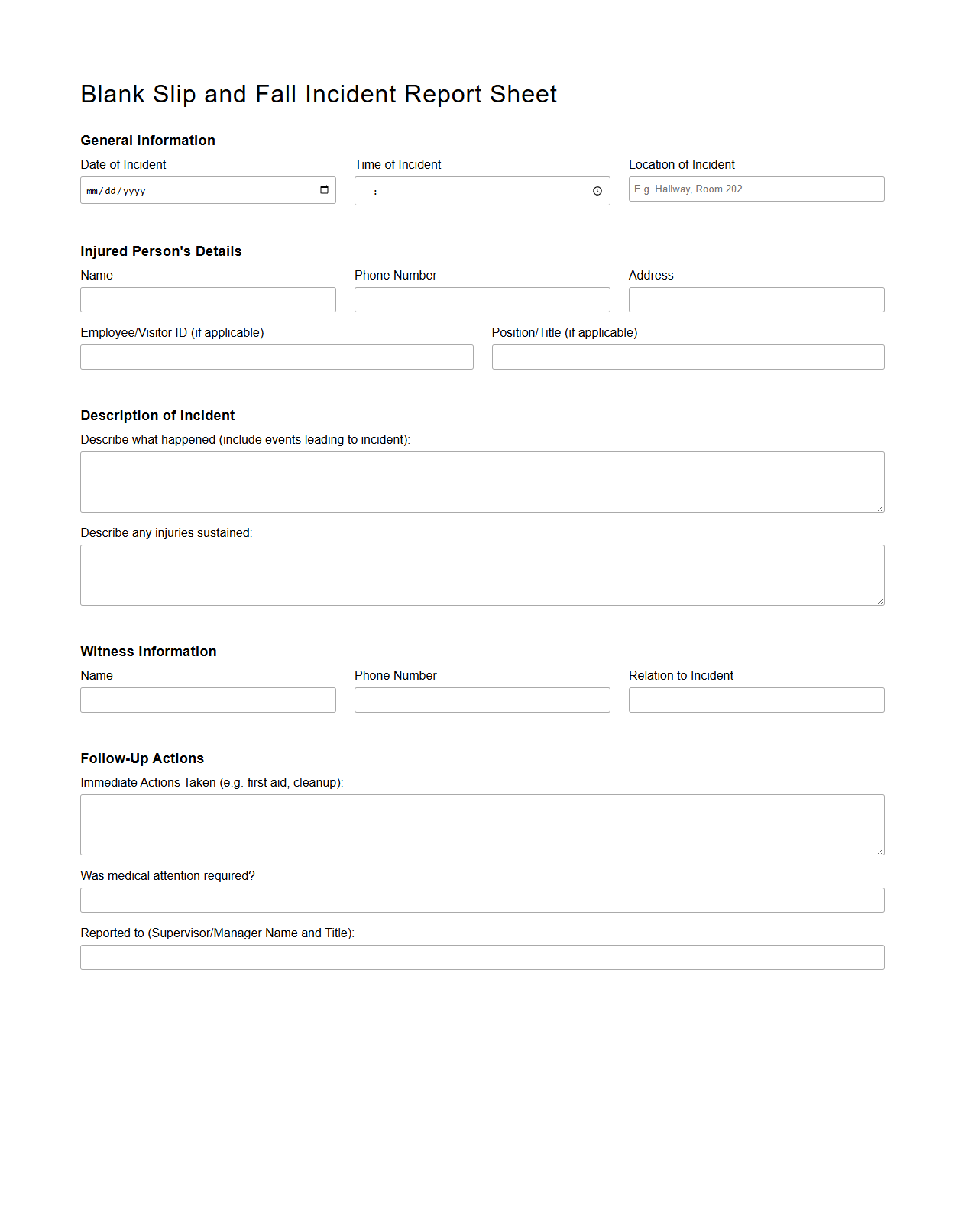 Blank Slip and Fall Incident Report Sheet