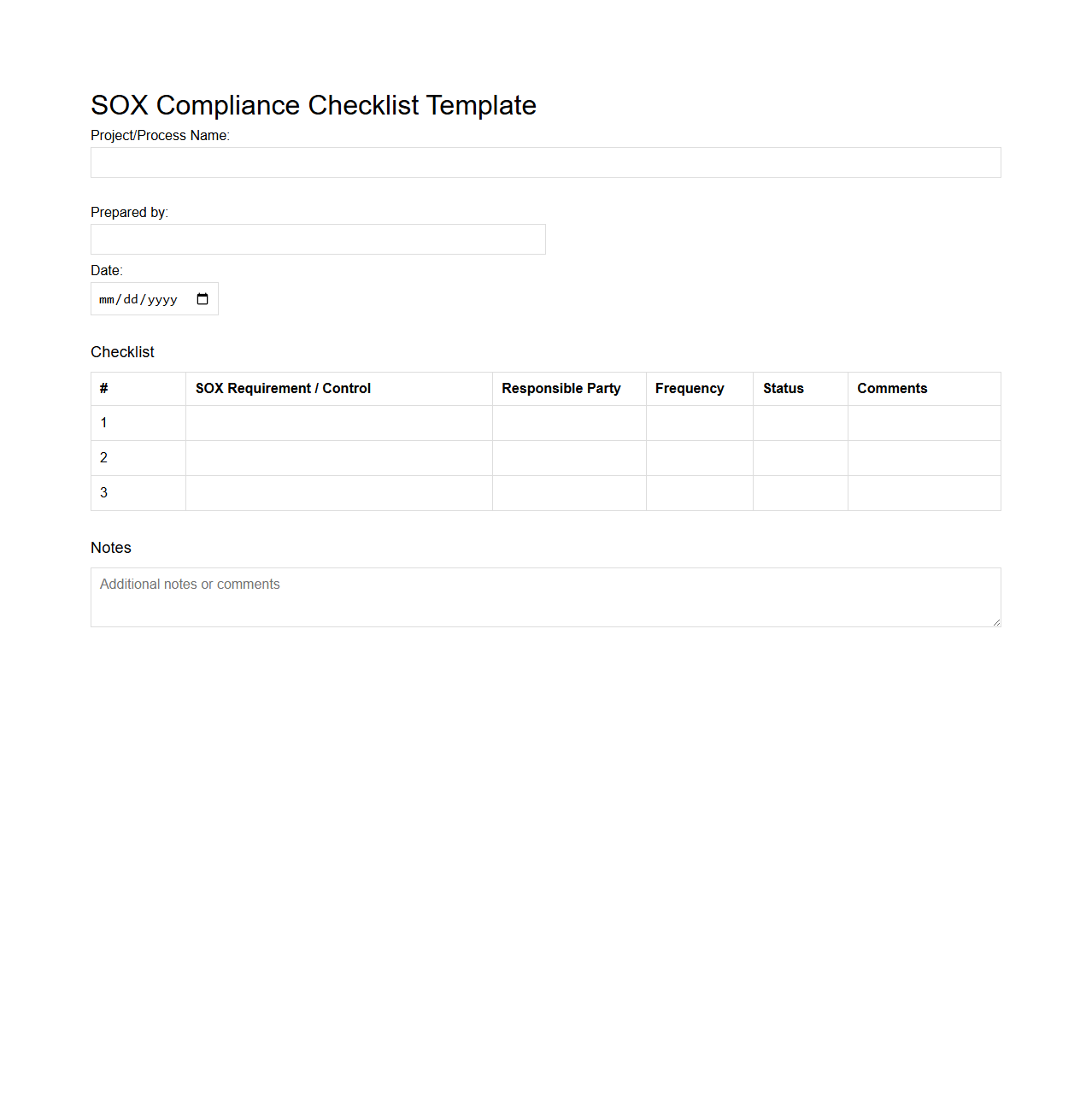 Blank SOX Compliance Checklist Template
