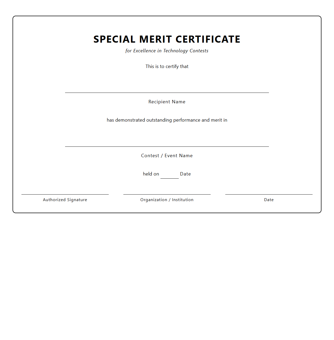 Blank Special Merit Certificate Template for Technology Contests