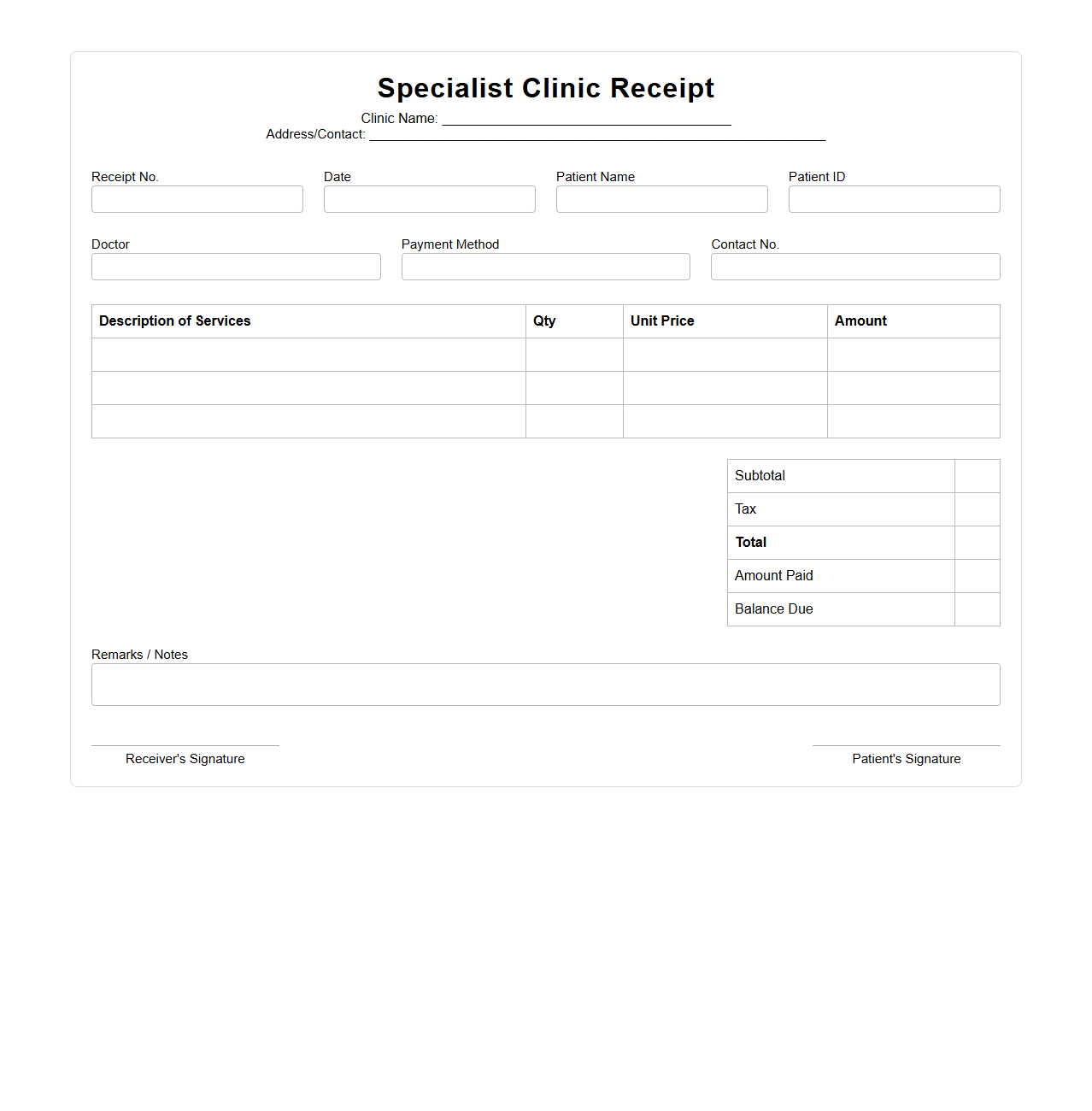 Blank Specialist Clinic Receipt Template
