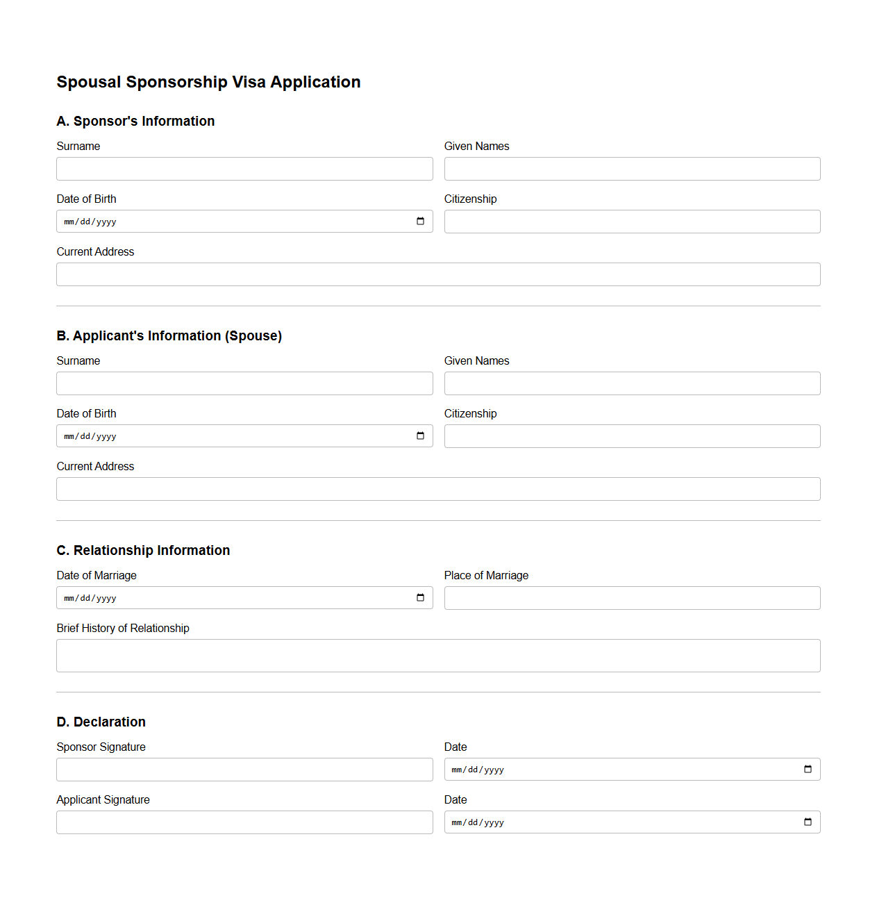 Blank Spousal Sponsorship Visa Application