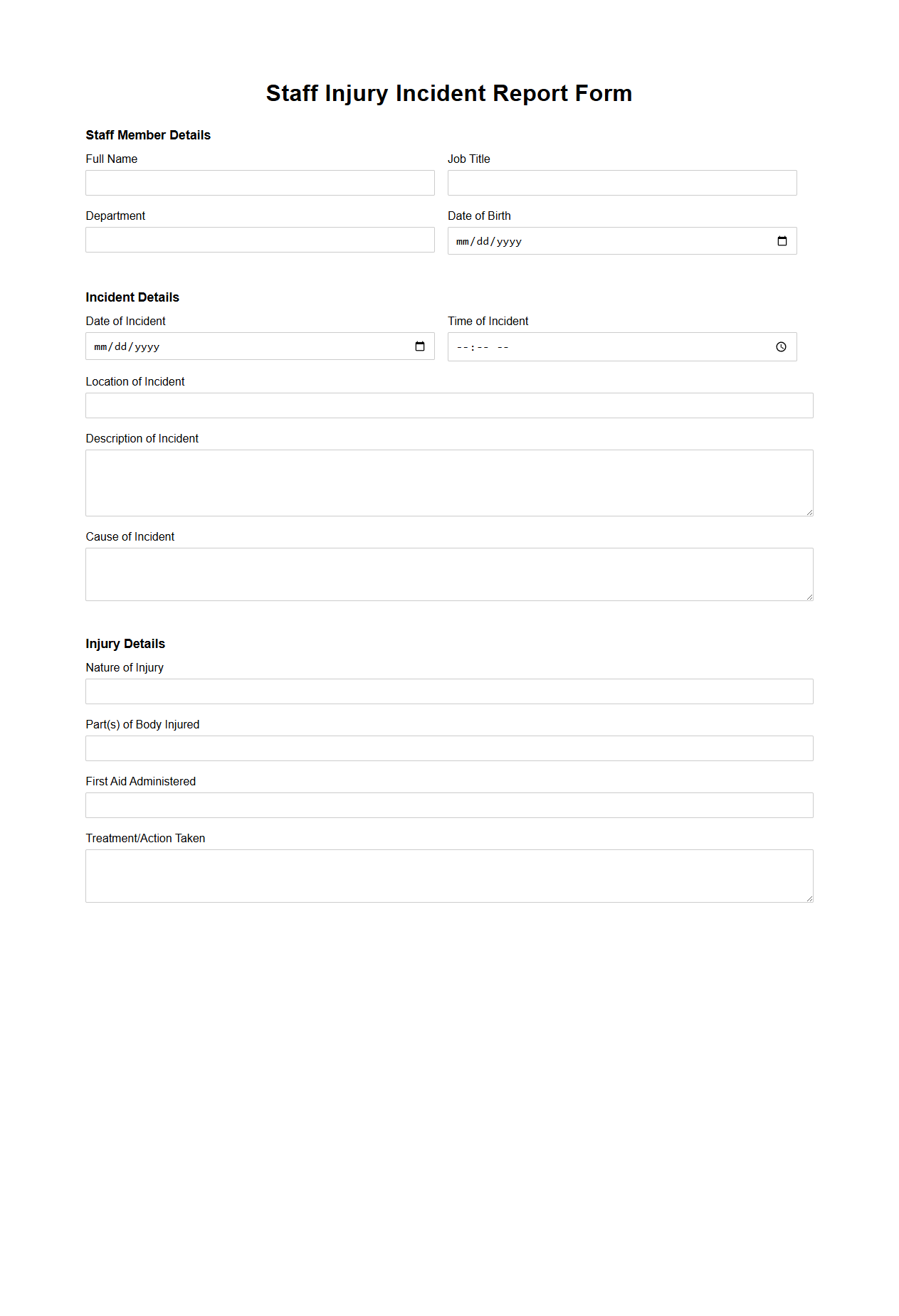 Blank Staff Injury Incident Report Form
