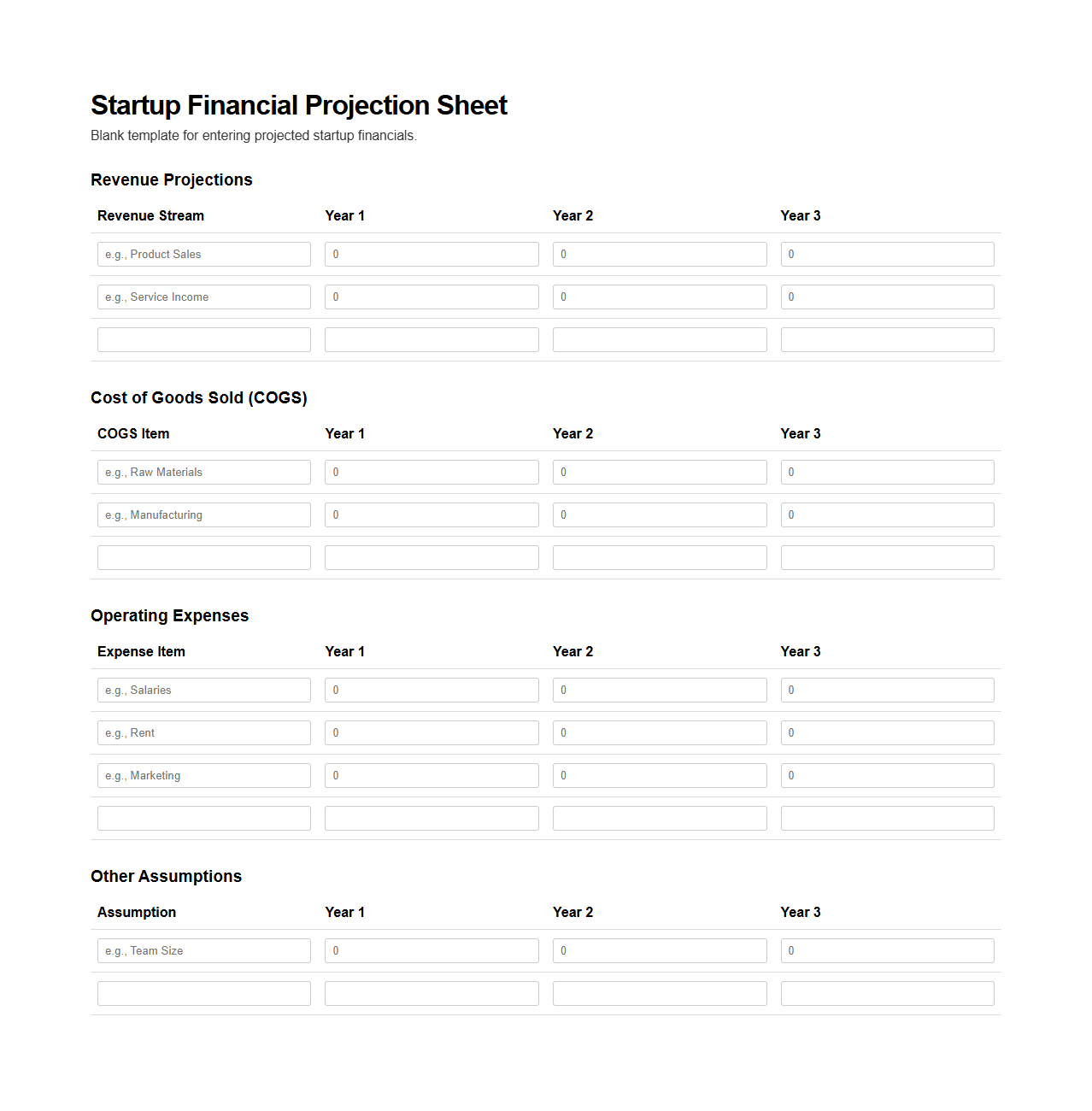 Blank Startup Financial Projection Sheet