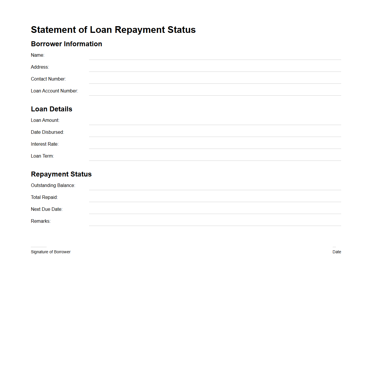 Blank Statement of Loan Repayment Status