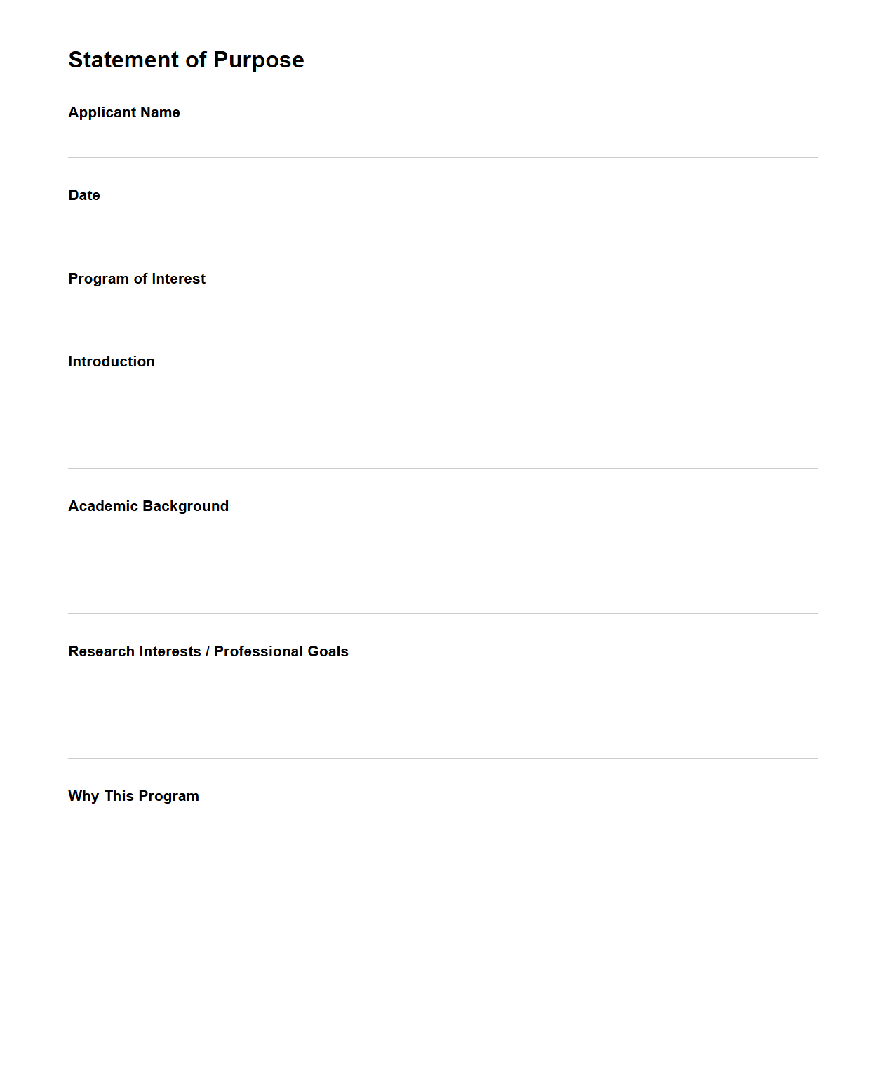 Blank Statement of Purpose Example for Graduate School