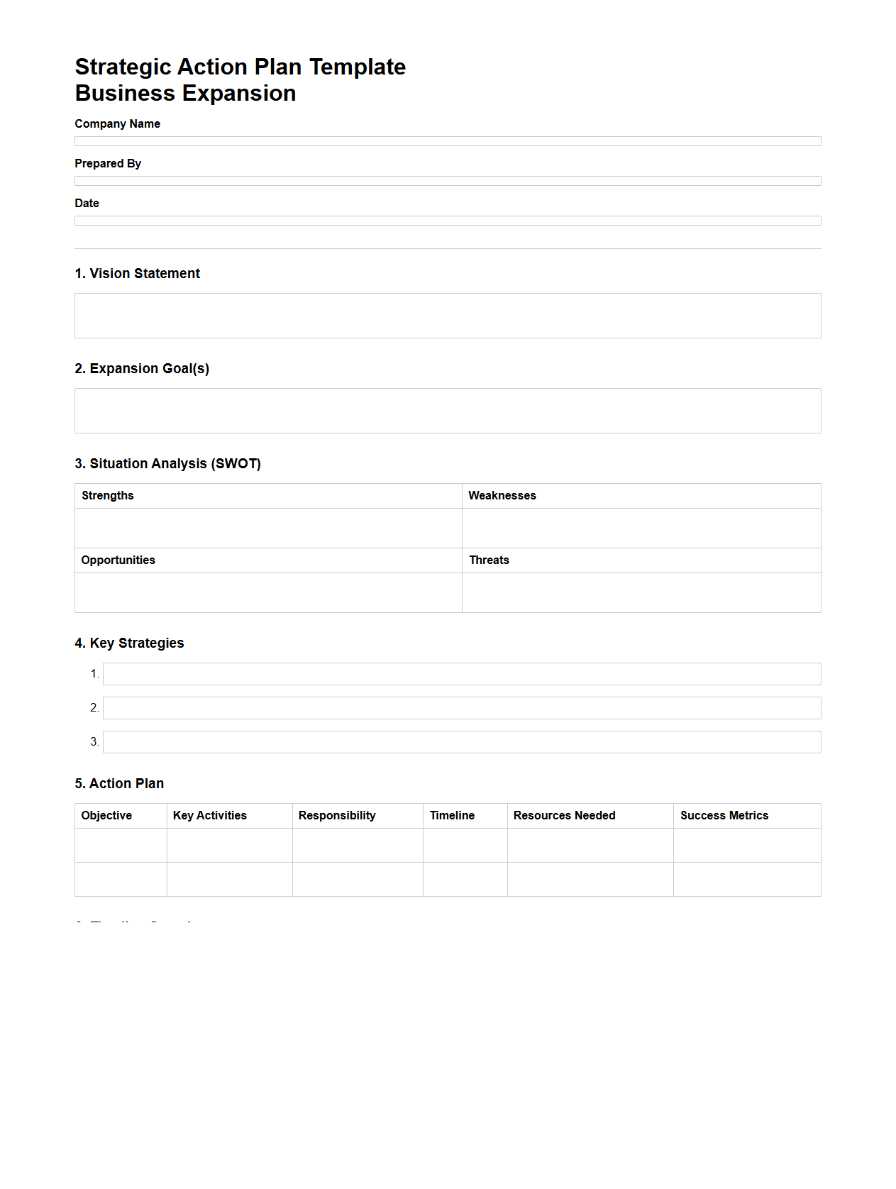 Blank Strategic Action Plan Template for Business Expansion