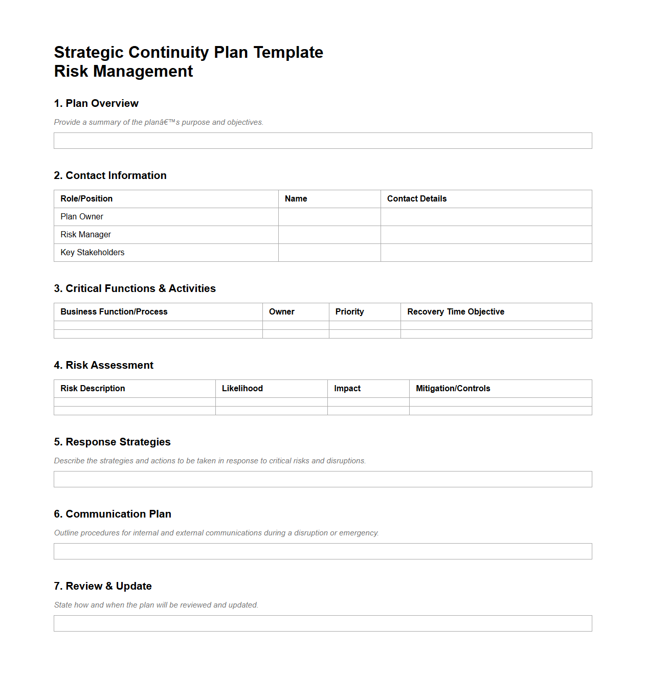 Blank Strategic Continuity Plan Template for Risk Management