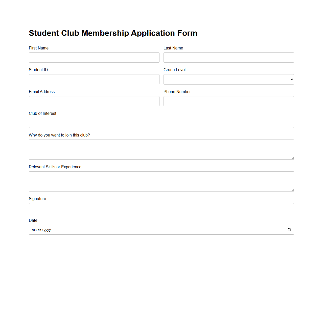 Blank Student Club Membership Application Form