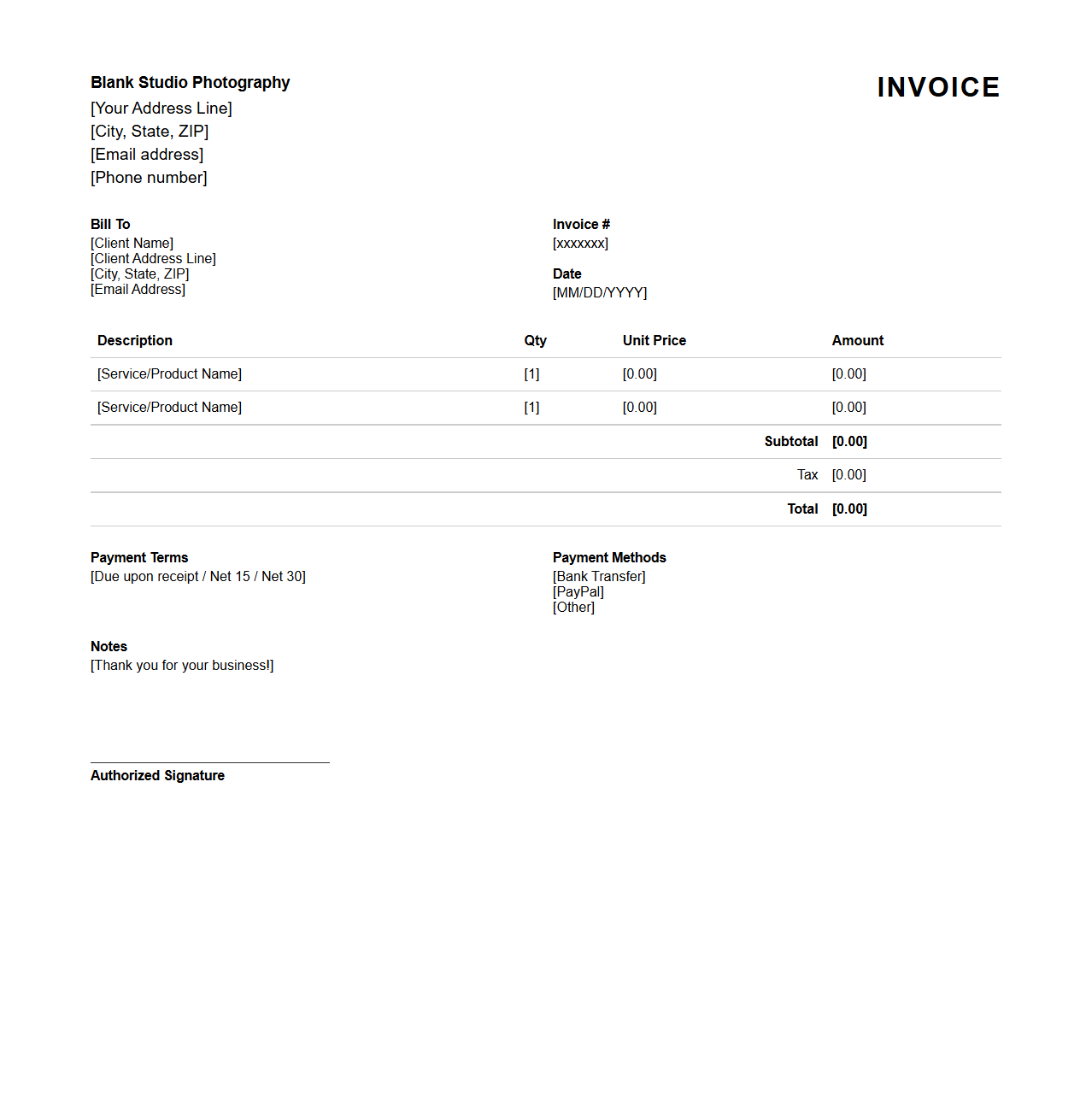 Blank Studio Photography Invoice Template