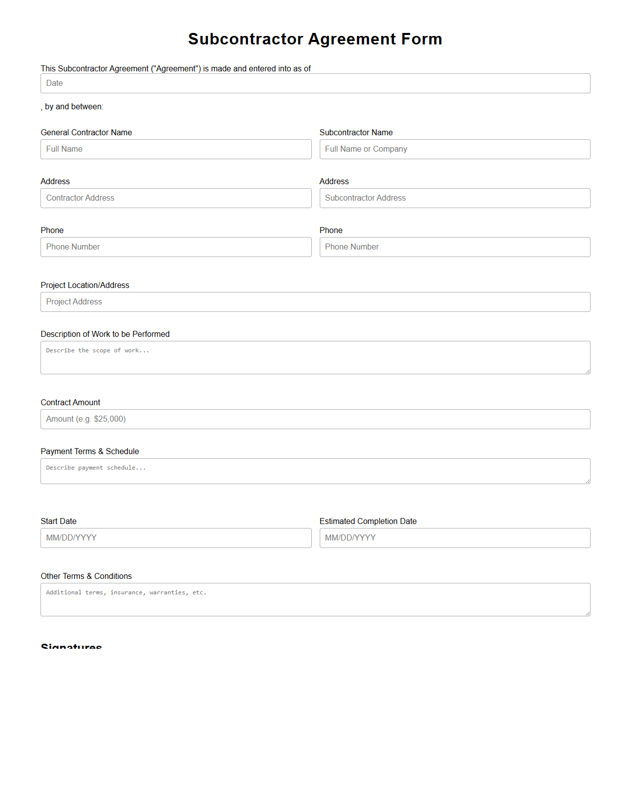 Blank Subcontractor Agreement Form for Residential Construction