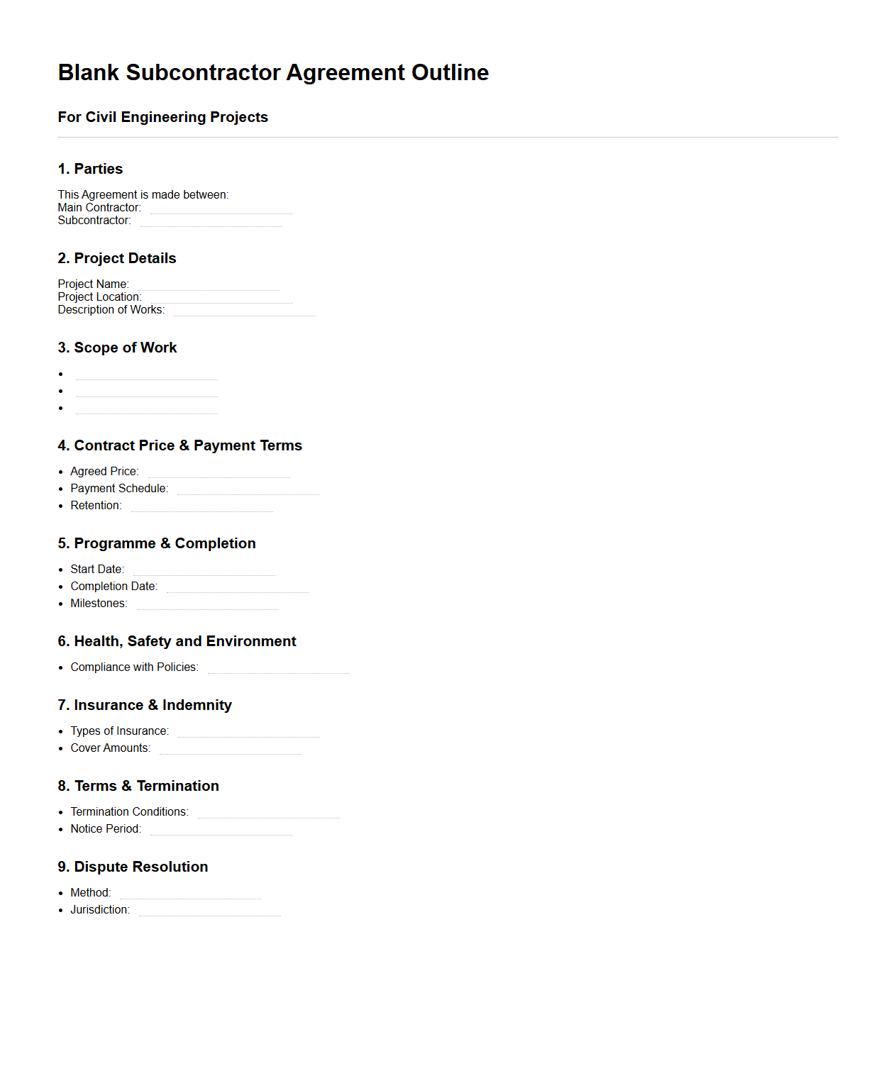 Blank Subcontractor Agreement Outline for Civil Engineering Projects