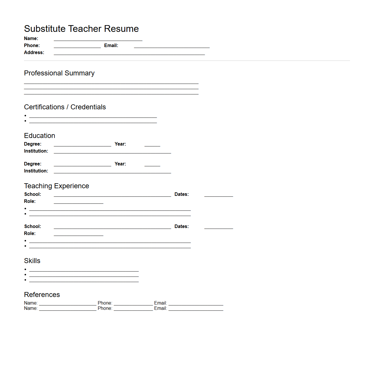 Blank Substitute Teacher Resume Template for Flexible Roles