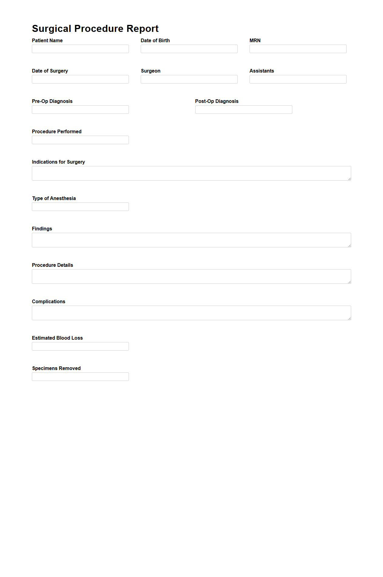 Blank Surgical Procedure Report Template