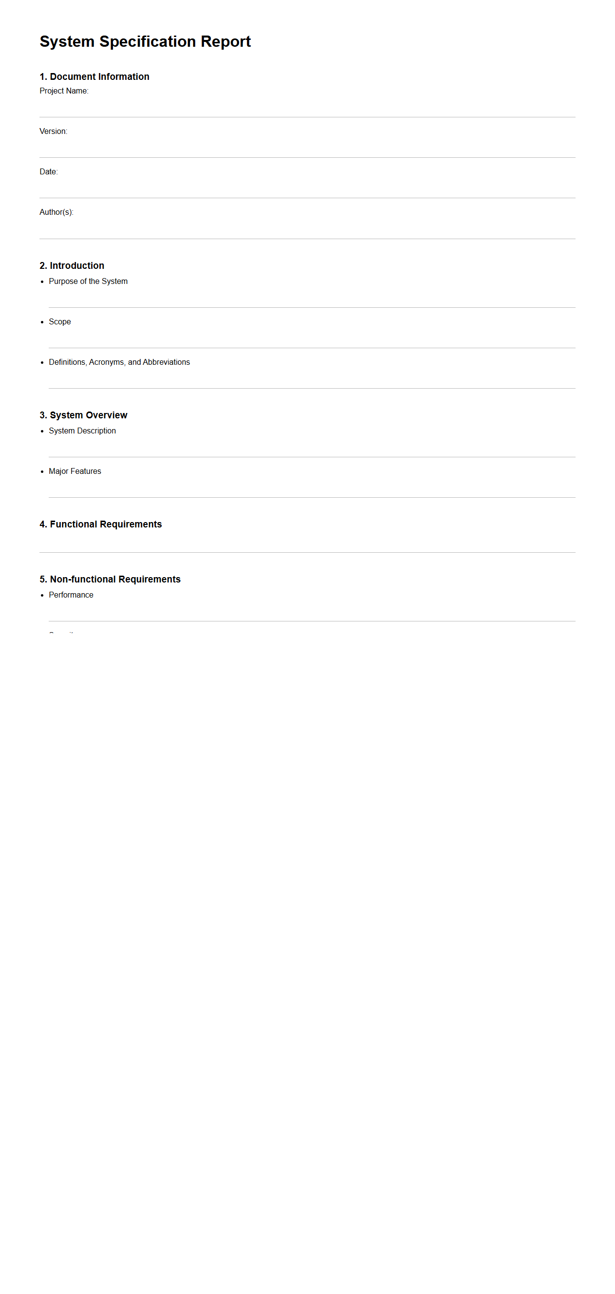 Blank System Specification Report Template