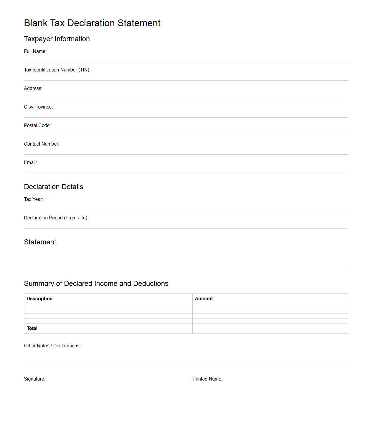 Blank Tax Declaration Statement Template